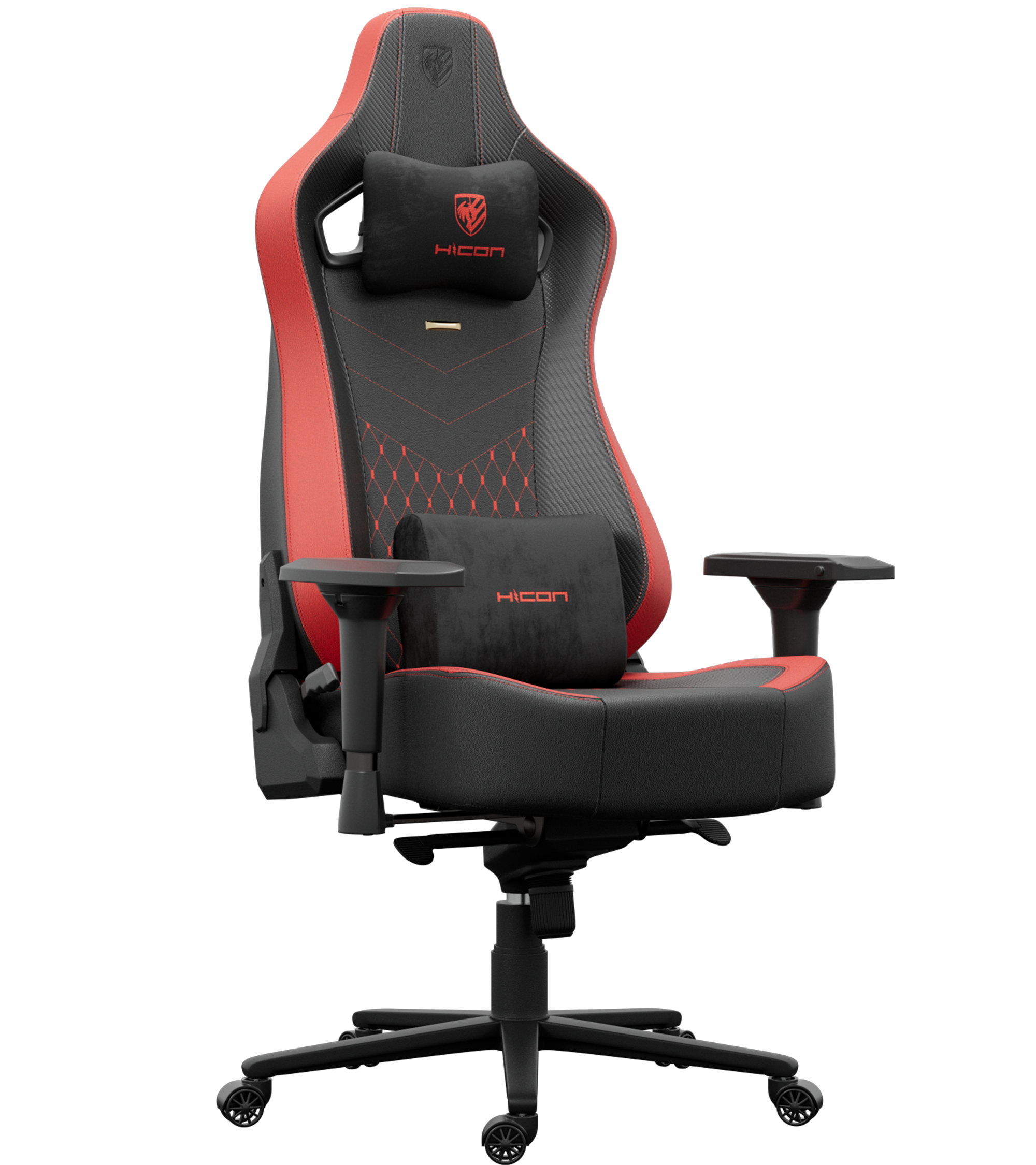 Une chaise de jeu noire et rouge avec le logo HICON sur l'appuie-tête et le coussin lombaire. La chaise est sur fond noir.