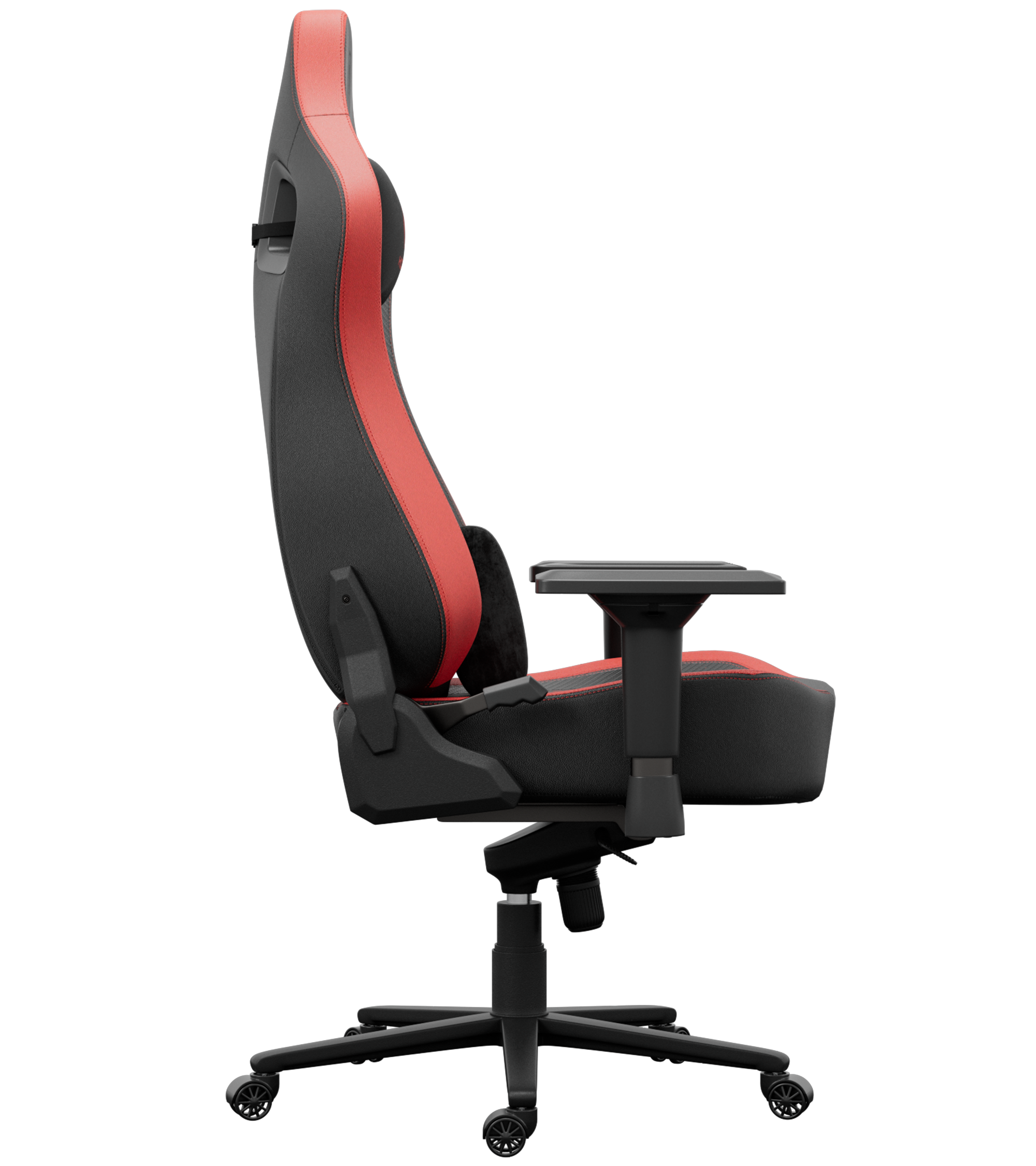 Une chaise de jeu, noire et rouge, avec un dossier haut et des accoudoirs. La chaise a une base à cinq étoiles avec des roues.