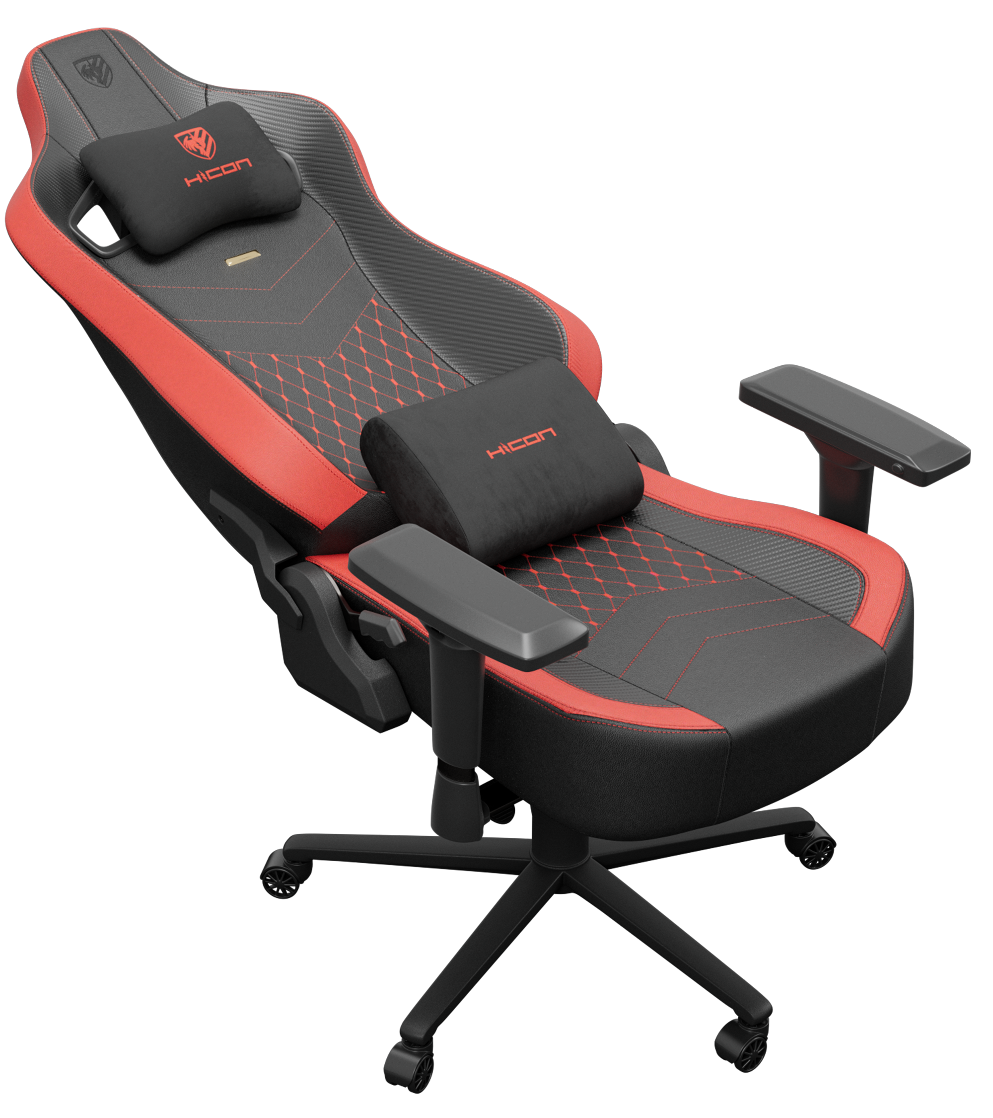 Chaise de jeu avec design noir et rouge. Comprend un appui-tête, un support lombaire, des accoudoirs et une base à cinq étoiles avec roues.