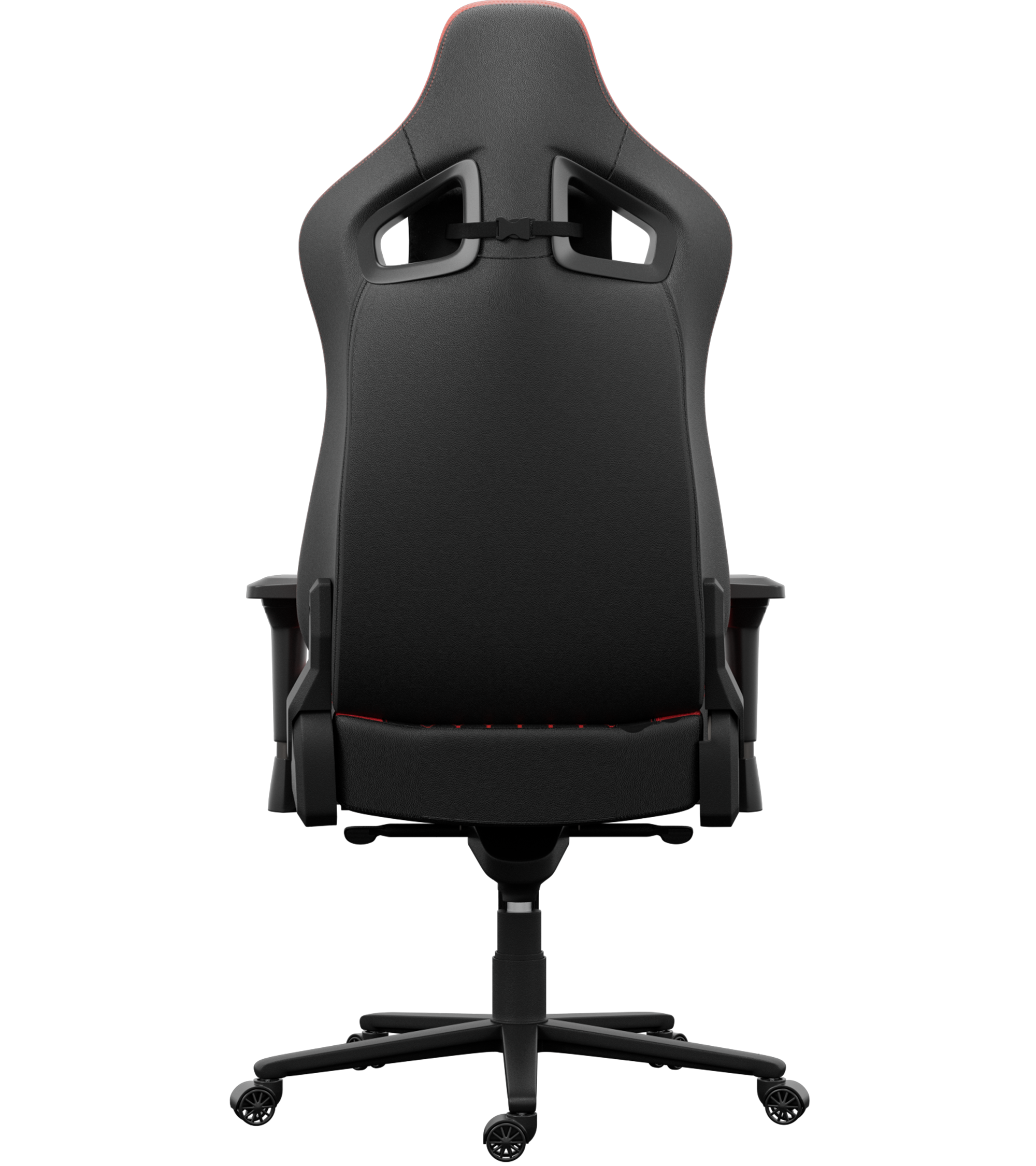 Chaise de jeu noire avec des touches de rouge. Dispose d'un dossier haut, d'accoudoirs et d'une base à cinq étoiles avec roues.