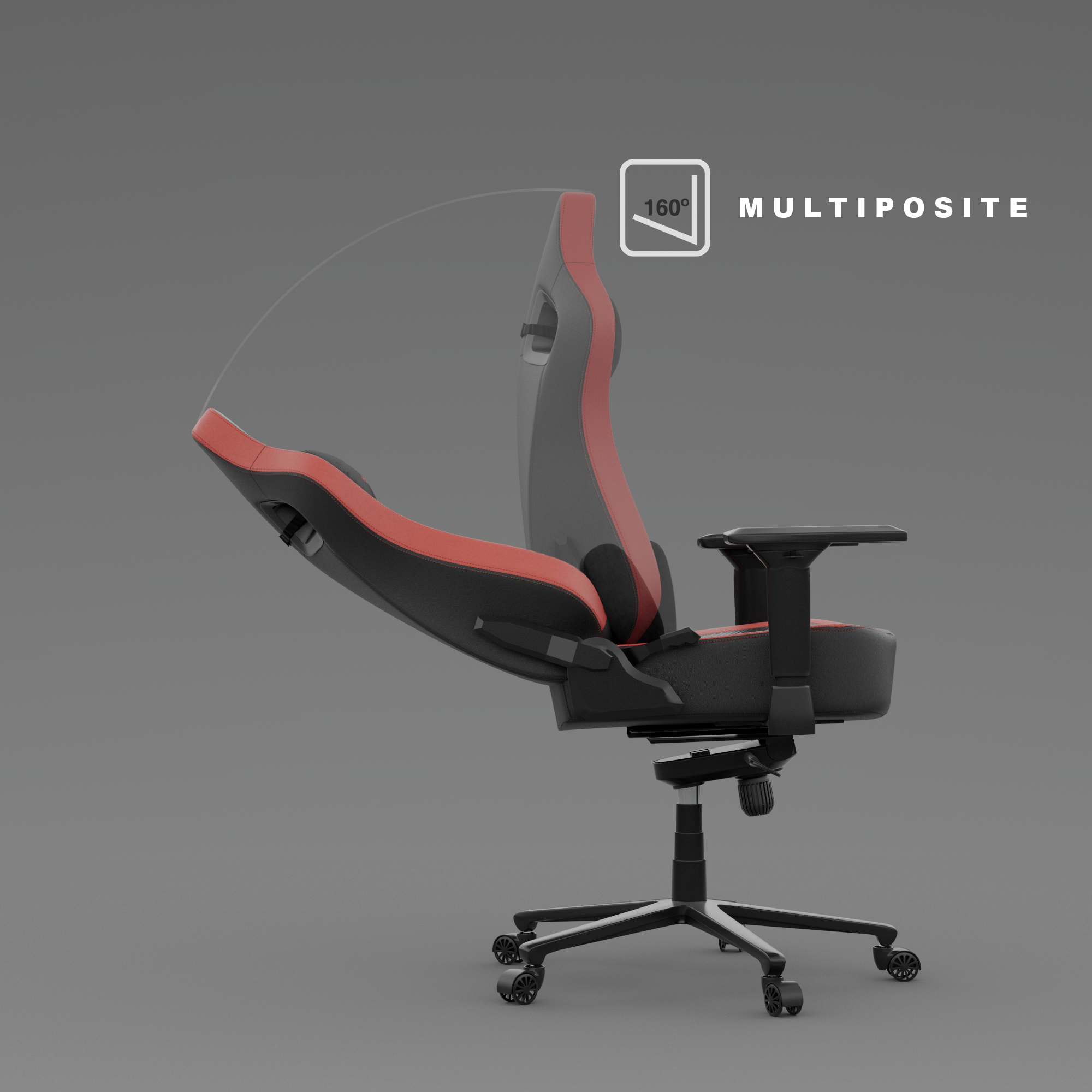 Gaming stoel met rode en zwarte accenten, achterover gekanteld. Grijze achtergrond, tekst 'MULTIPOSITE' en '160°' in wit.