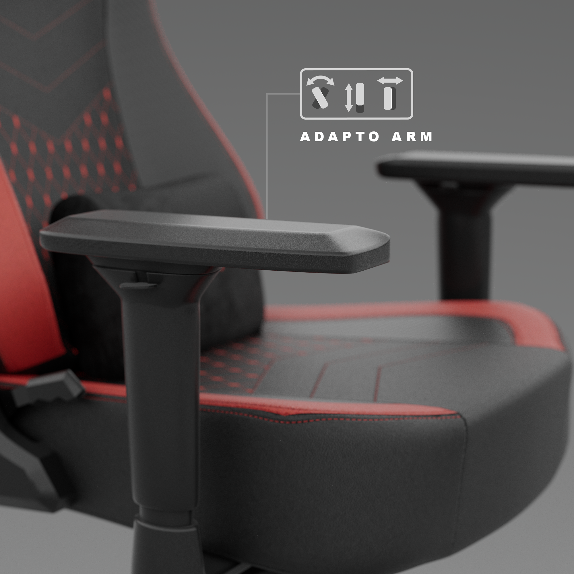 Gaming stoel met verstelbare armleuningen. Zwart en rood design, met detail op de rugleuning. Aanpasbare arminstructies worden getoond.
