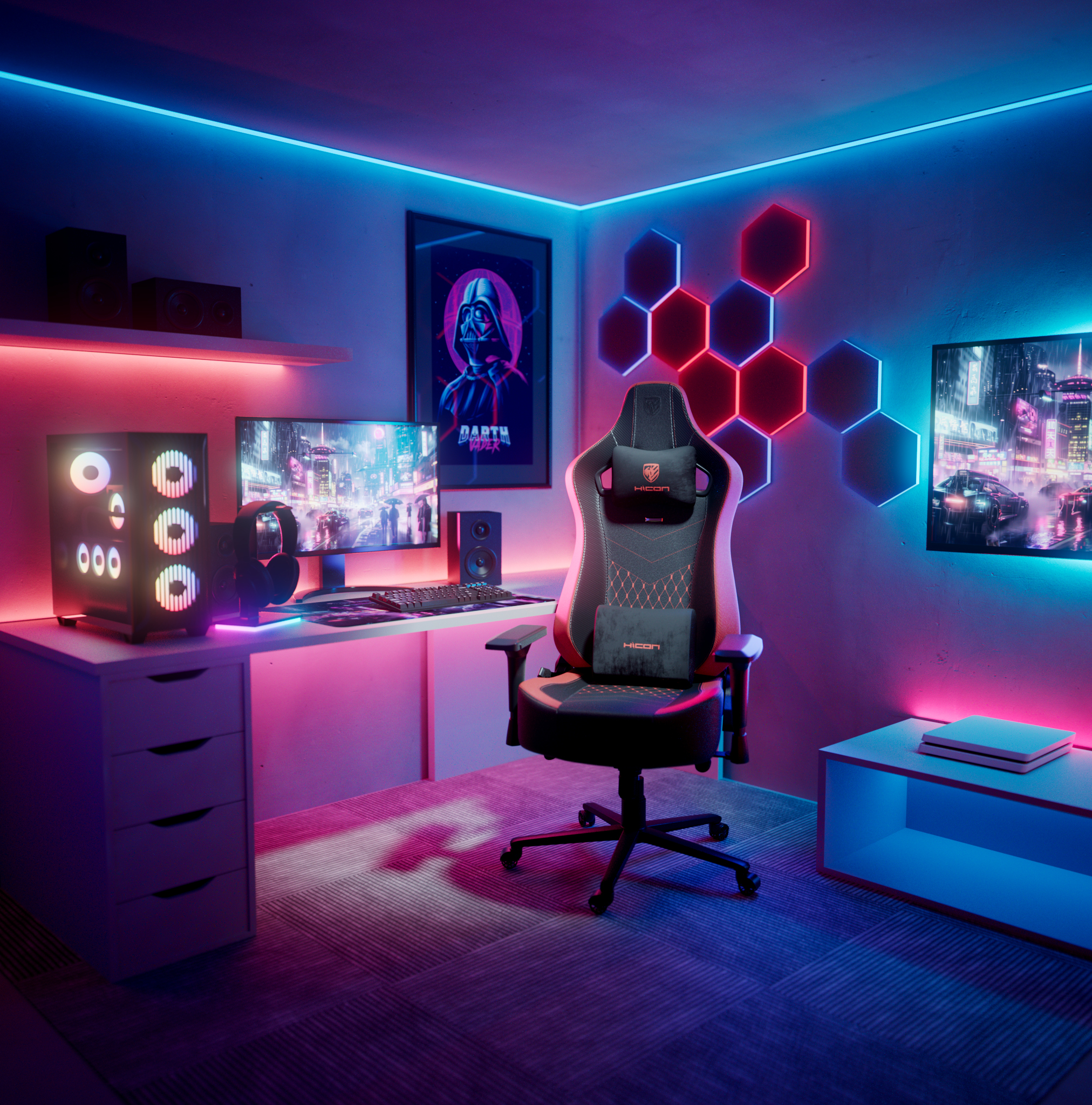 Salle de jeux avec chaise, ordinateur et néons. Affiche de Dark Vador au mur. Ville futuriste sur l'écran.