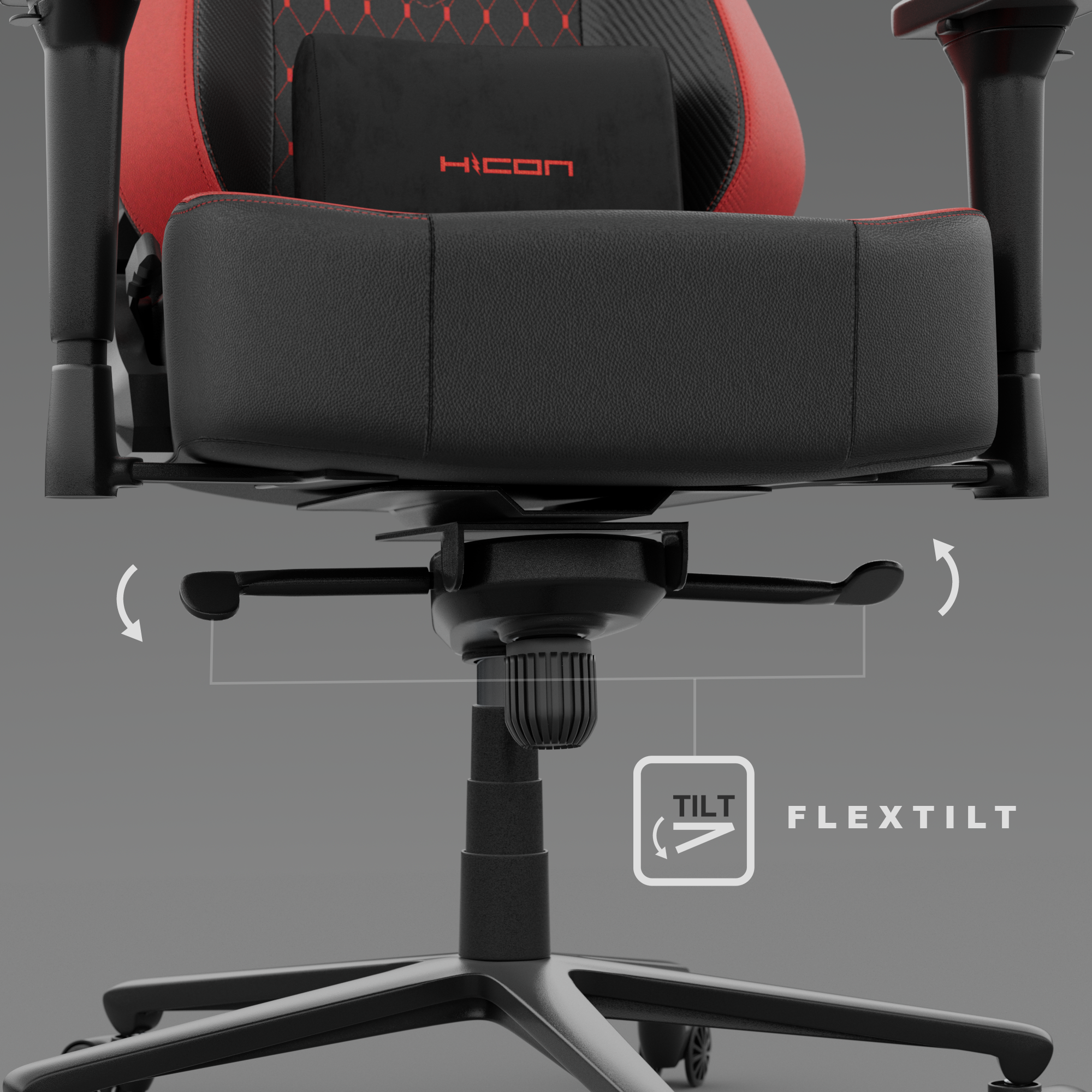 Chaise gaming avec siège noir, dossier rouge et logo 'HICON'. Dispose d'une fonction d'inclinaison et de flexibilité avec fond gris.