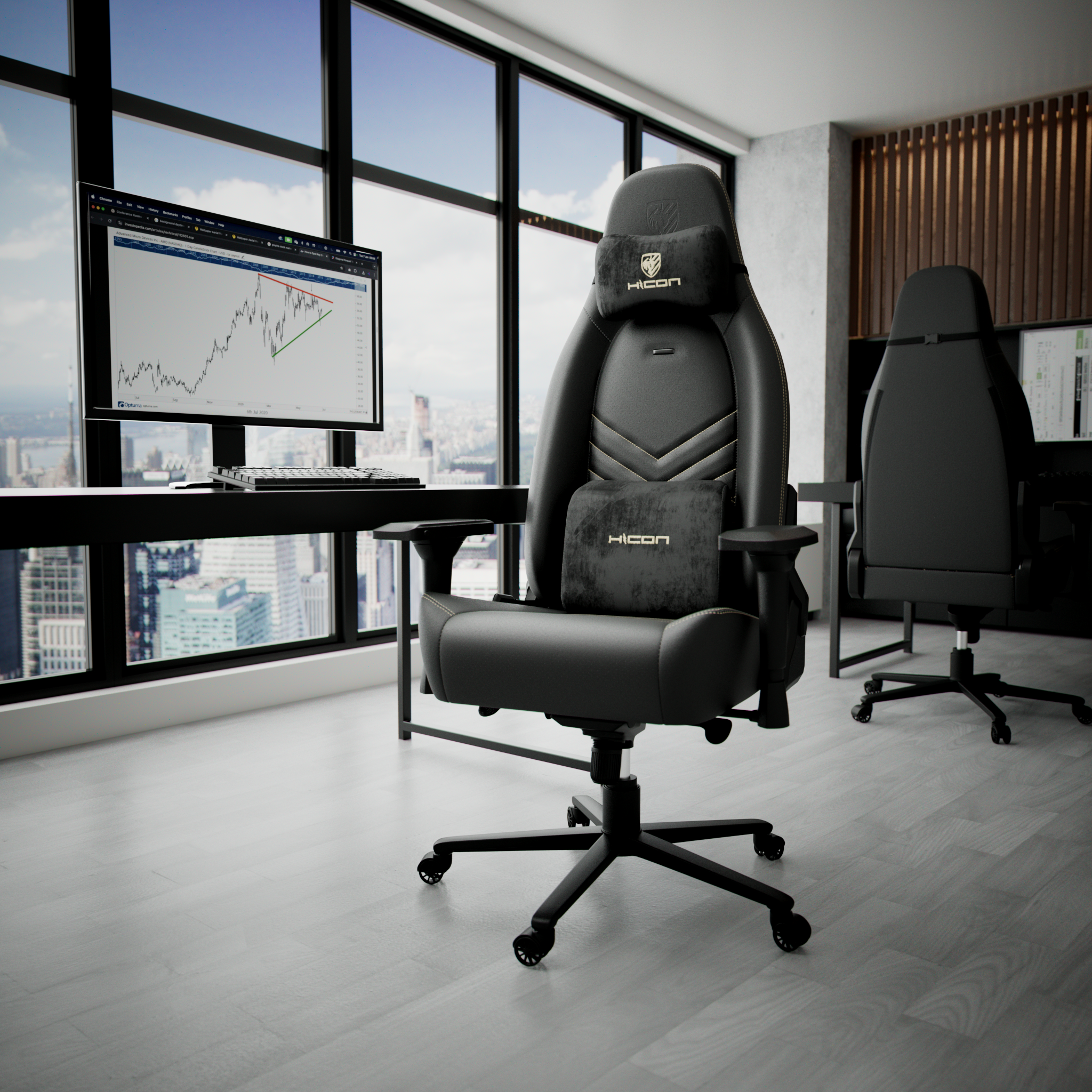 Un bureau moderne avec deux chaises noires, des bureaux et des moniteurs affichant des graphiques financiers, avec vue sur la ville.