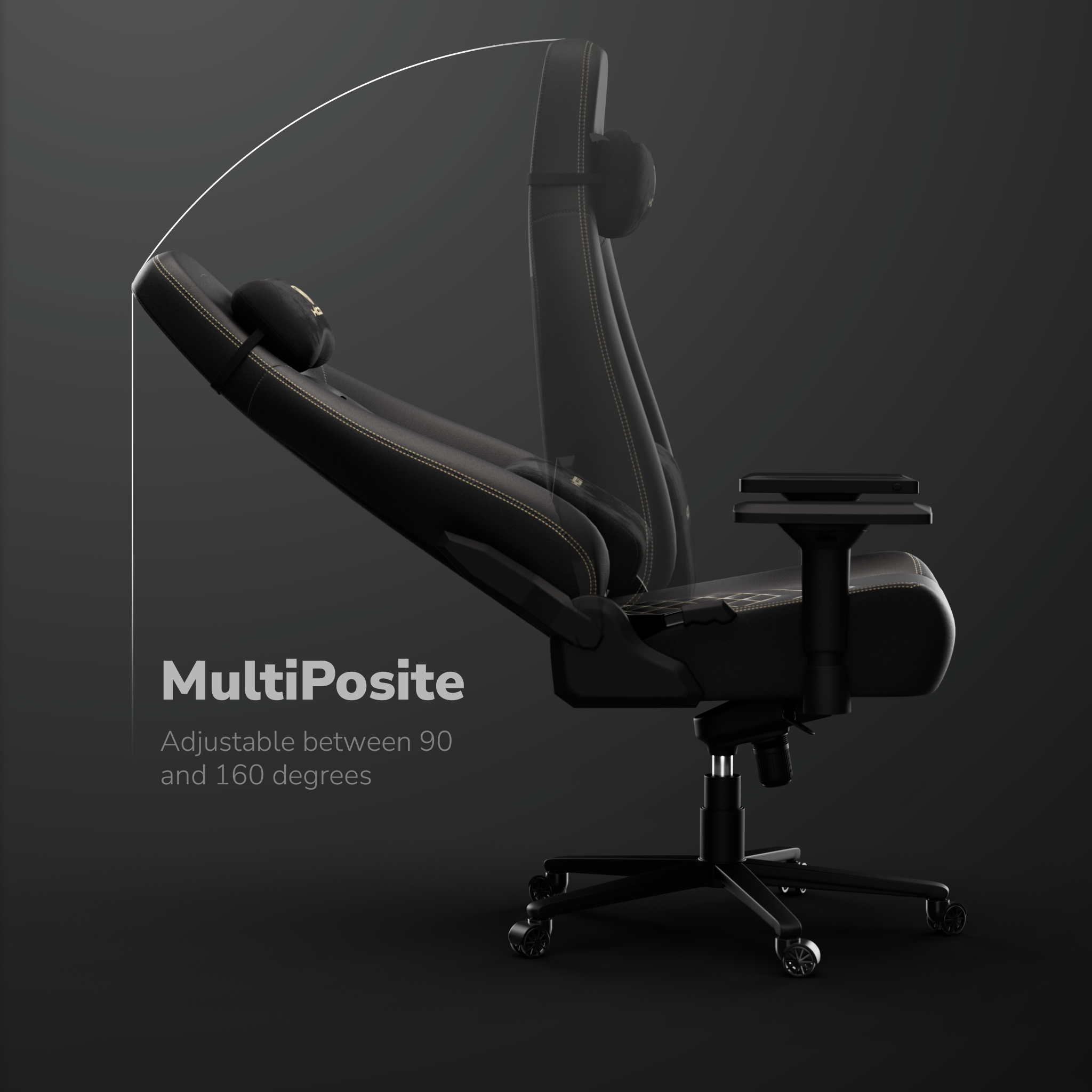 Una silla gamer negra con costuras amarillas, respaldo ajustable. El fondo es gris oscuro. Dice MultiPosite con detalles de ajuste.
