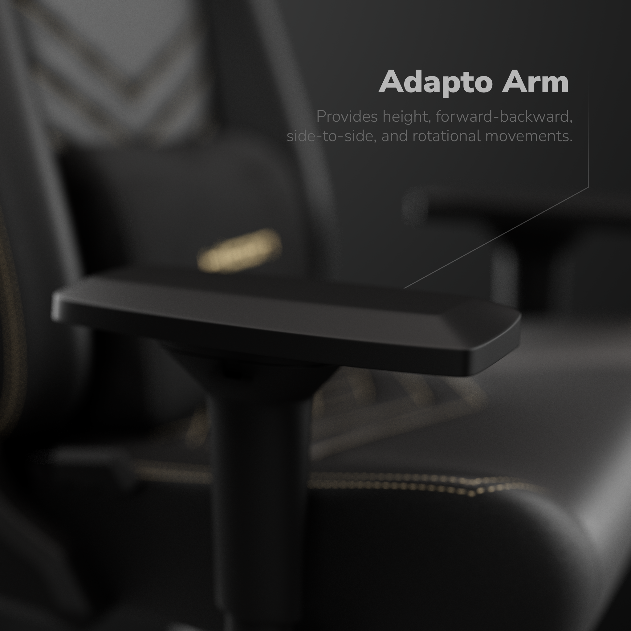 Gros plan sur un accoudoir noir. Il porte le texte "Adapto Arm" et offre des mouvements en hauteur et rotatifs.