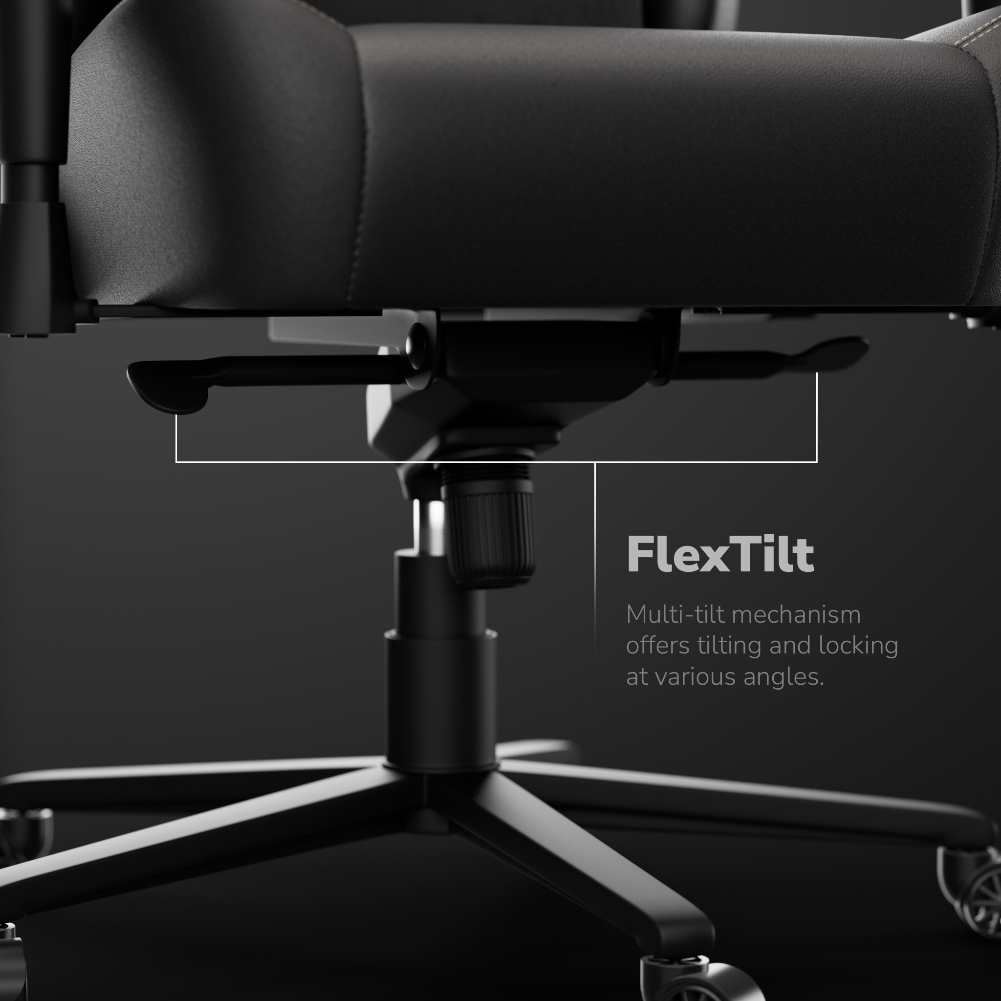 Gros plan sur une chaise de bureau noire avec l'étiquette 'FlexTilt'. Le mécanisme permet l'inclinaison et le verrouillage.