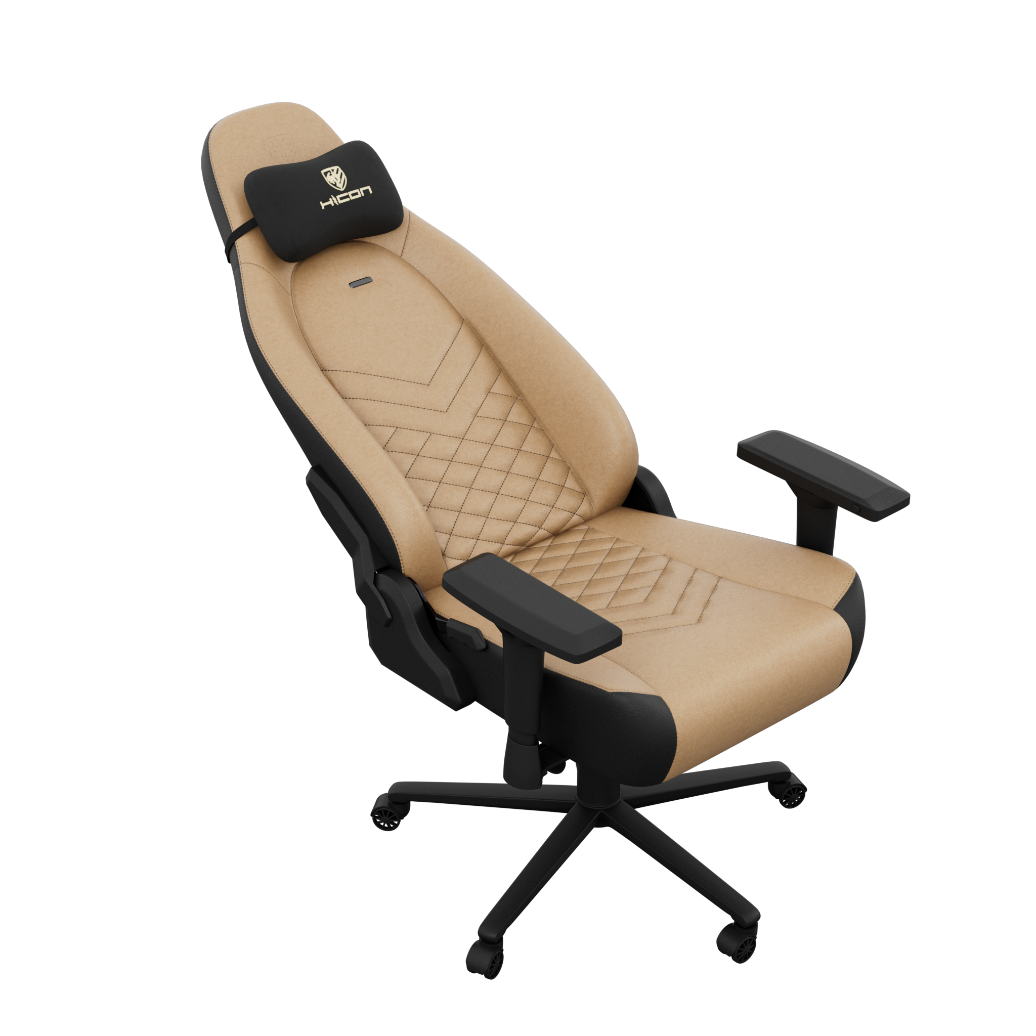 Une chaise gaming beige et noire avec un appui-tête et des accoudoirs sur fond noir. Elle porte le logo HICON sur l'appui-tête.