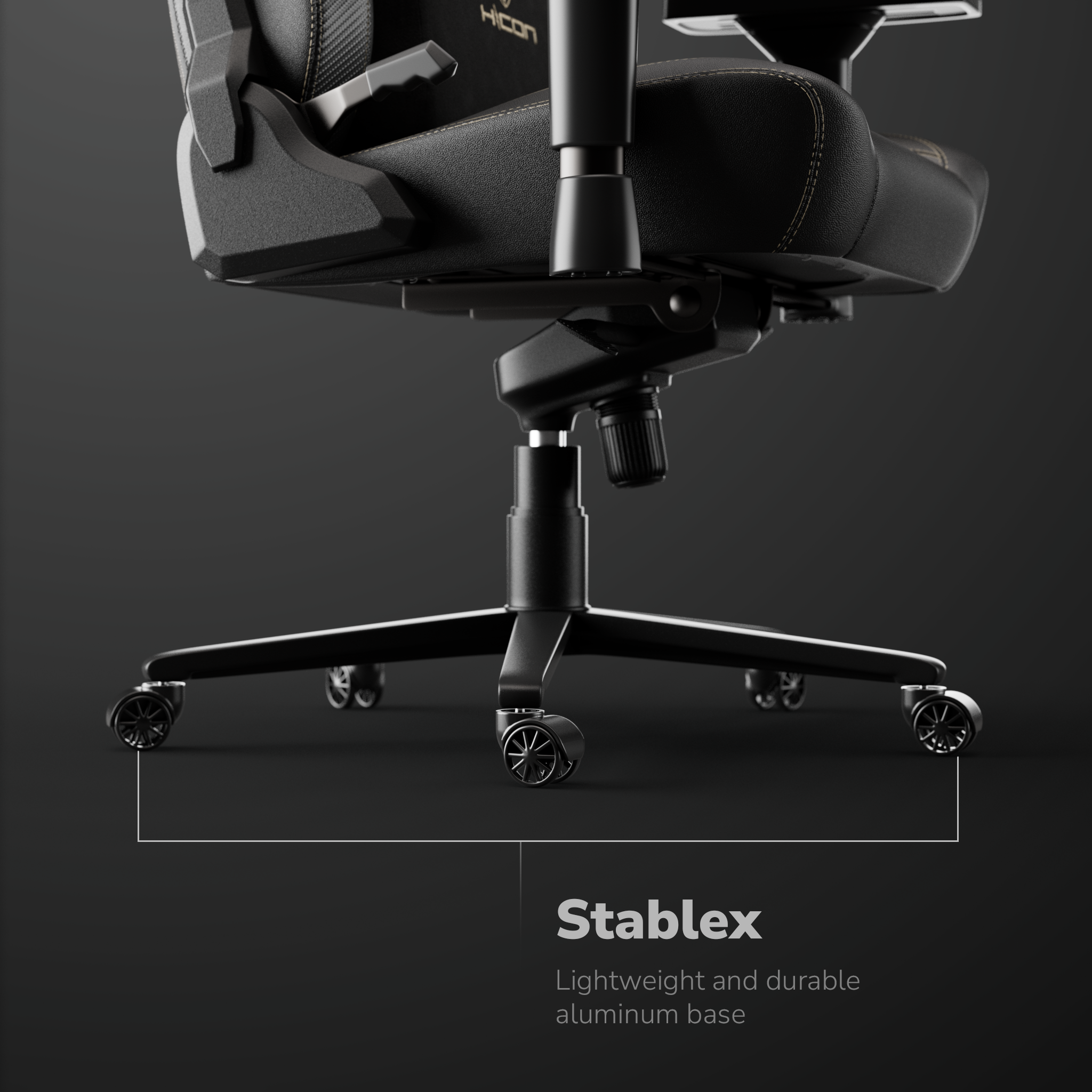 Zwarte gamingstoel met een duurzame basis. De stoel heeft een zwarte zitting en rugleuning met gele stiksels. De tekst luidt: Stablex.