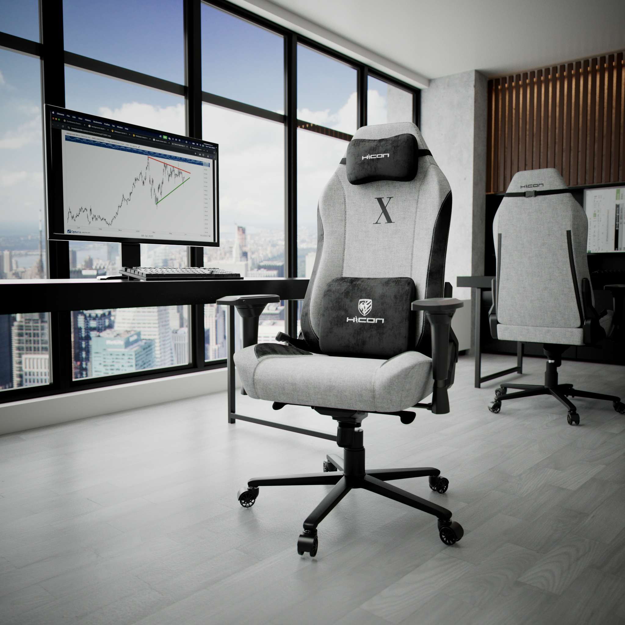 Configuration de bureau moderne avec chaise de jeu, bureau et moniteur affichant un graphique boursier, vue ville.