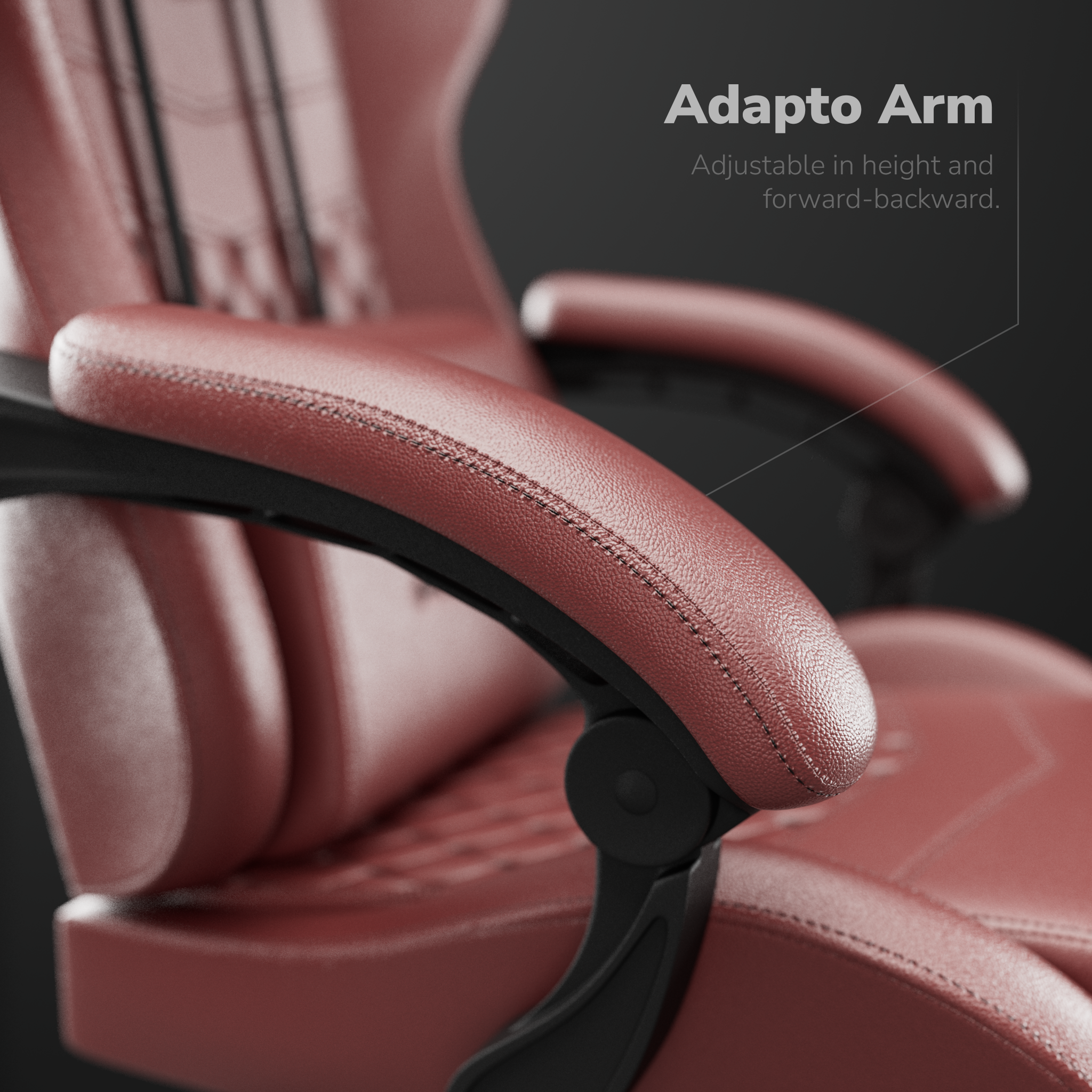 Gros plan sur un accoudoir de chaise en cuir bordeaux avec des accents noirs. Le texte indique : Adapto Arm, réglable en hauteur et en avant-arrière.