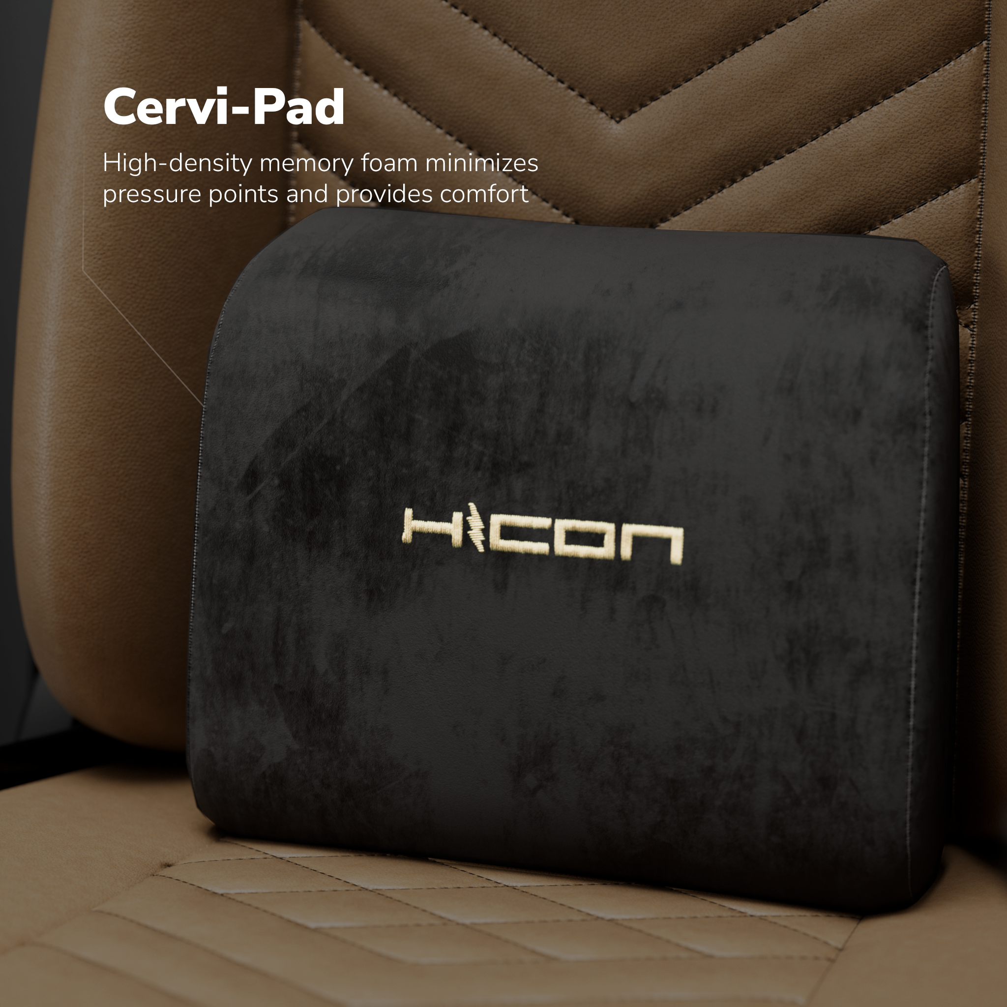 Una almohada Cervi-Pad negra con un logotipo dorado descansa sobre un asiento marrón claro cosido. El texto indica que minimiza la presión.