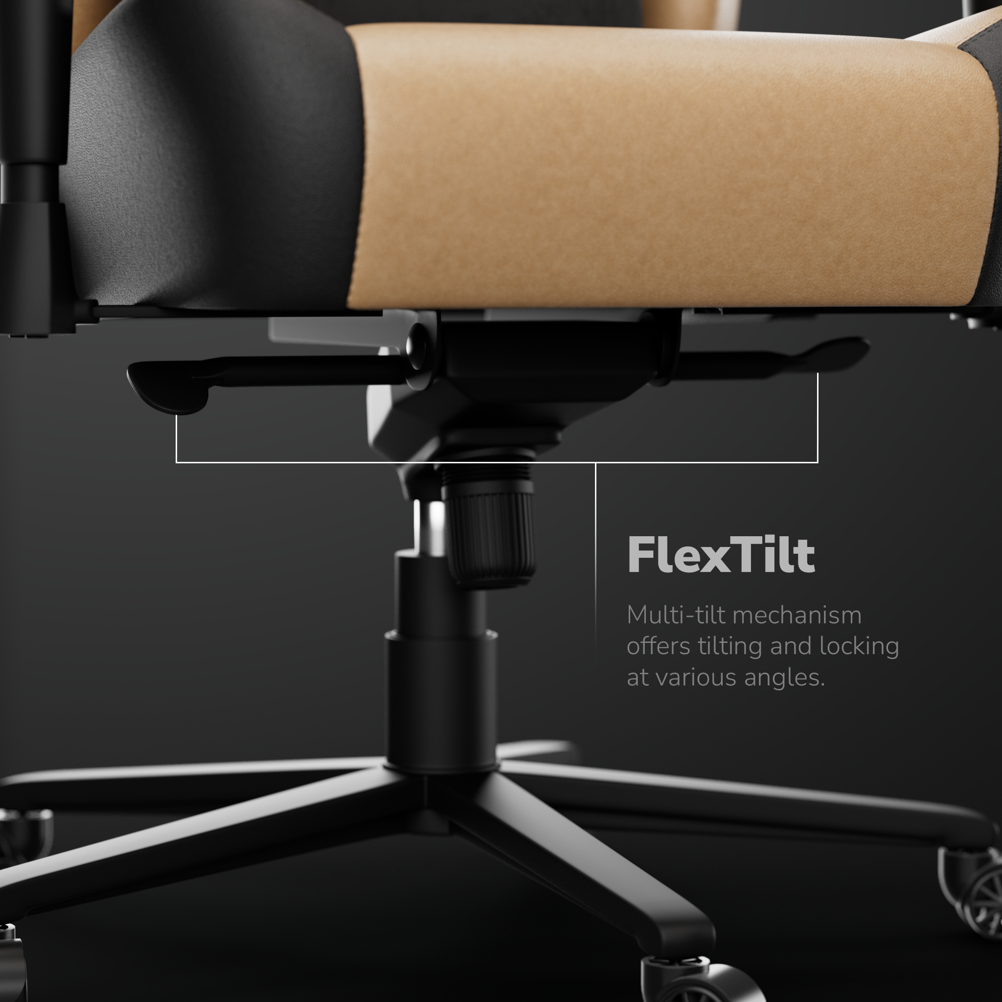 Primer plano de una silla de oficina negra y beige. El mecanismo FlexTilt permite la inclinación y el bloqueo.