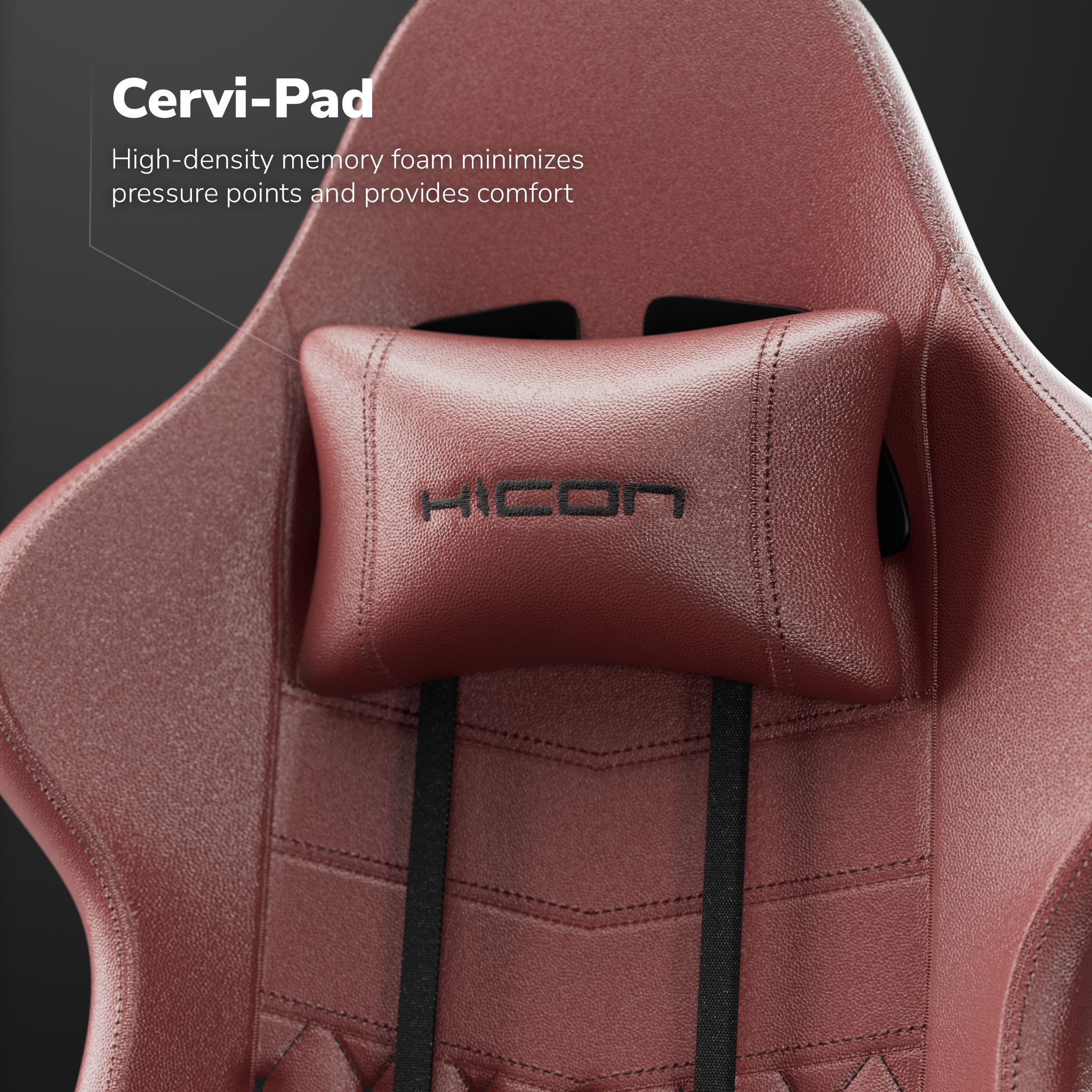 Gros plan sur l'appuie-tête d'une chaise Cervi-Pad rouge. L'appuie-tête porte le logo HICON. Des sangles et des coutures noires sont également visibles.