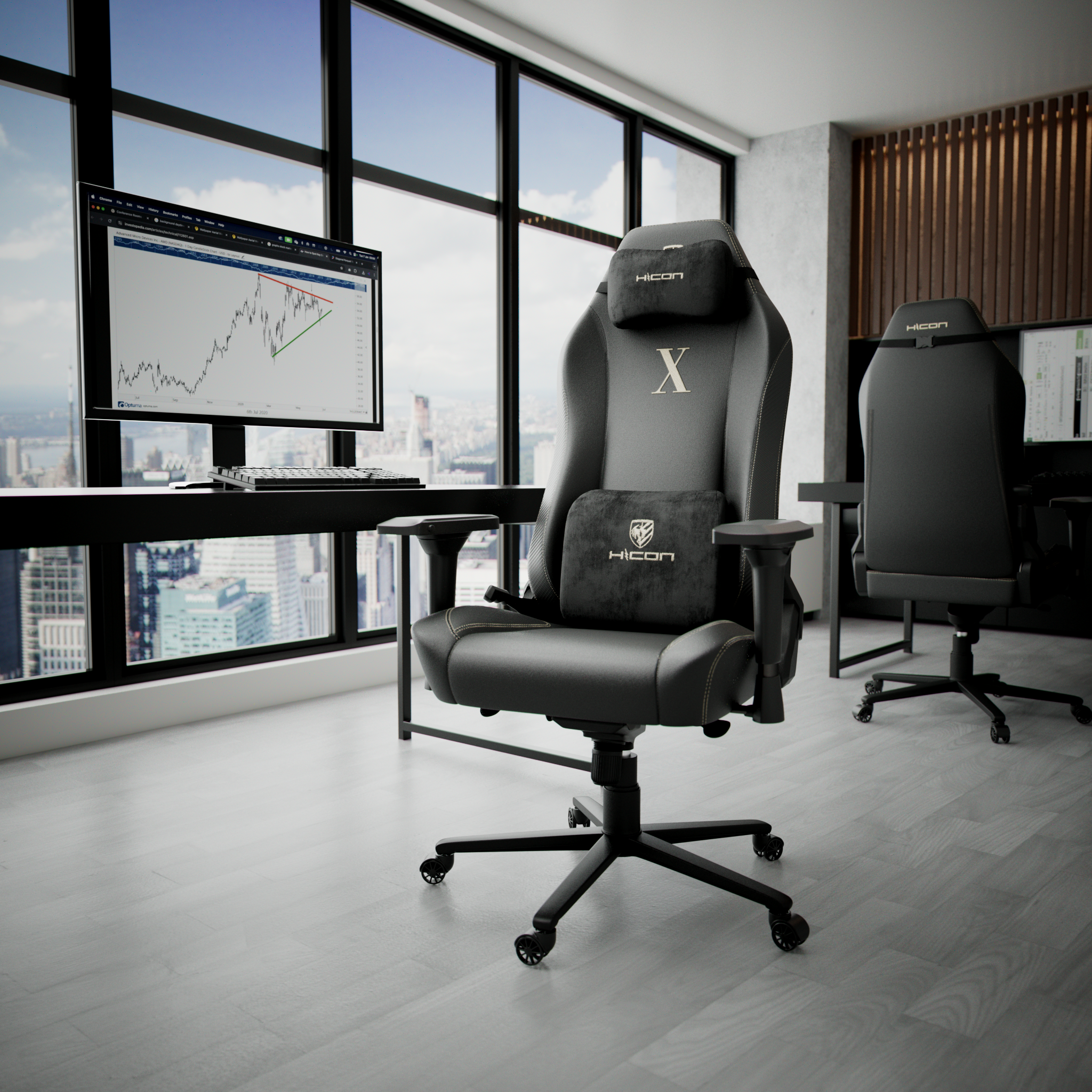 Een moderne kantooropstelling met twee gamingstoelen, bureaus en uitzicht op de stad. Een monitor toont aandelenkoersen.