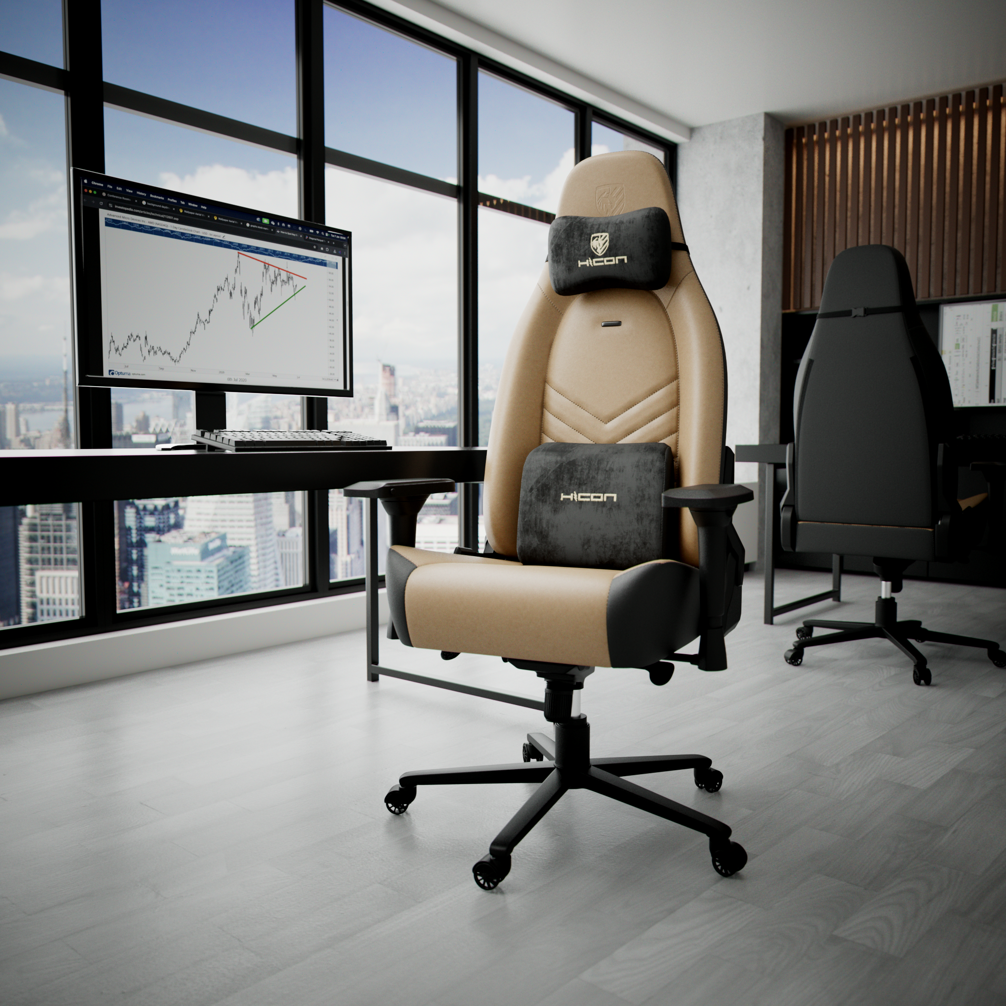 Un fauteuil de bureau beige et noir est devant une fenêtre. Un moniteur affiche un graphique boursier. L'arrière-plan est une ville.