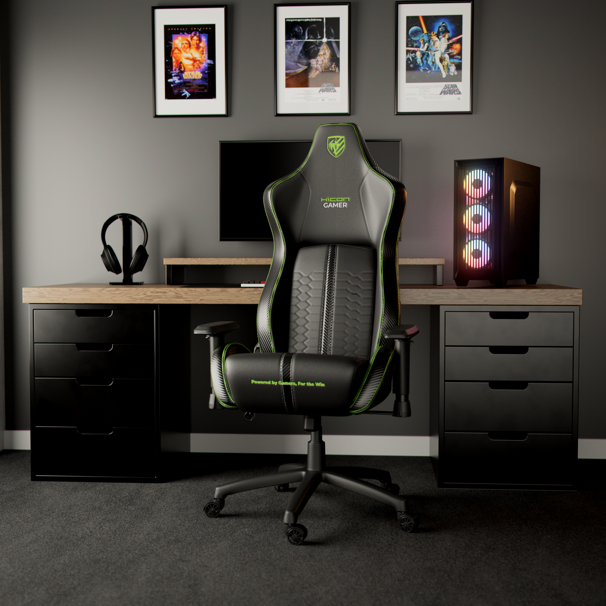 Configuration de jeu avec une chaise, un ordinateur, un moniteur et des affiches Star Wars. Palette de couleurs noire et verte.