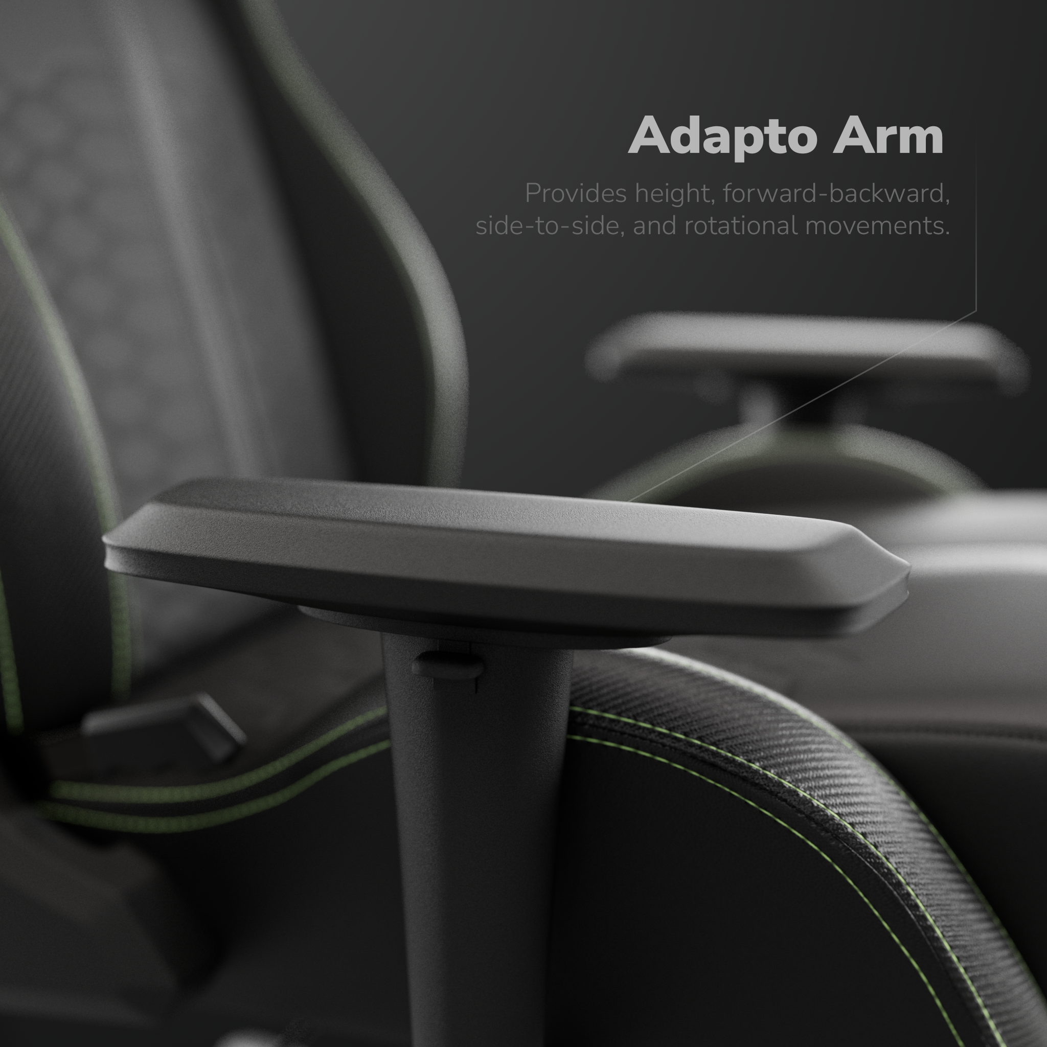 Gros plan sur un accoudoir de chaise noir avec des coutures vertes, montrant la fonction Adapto Arm.