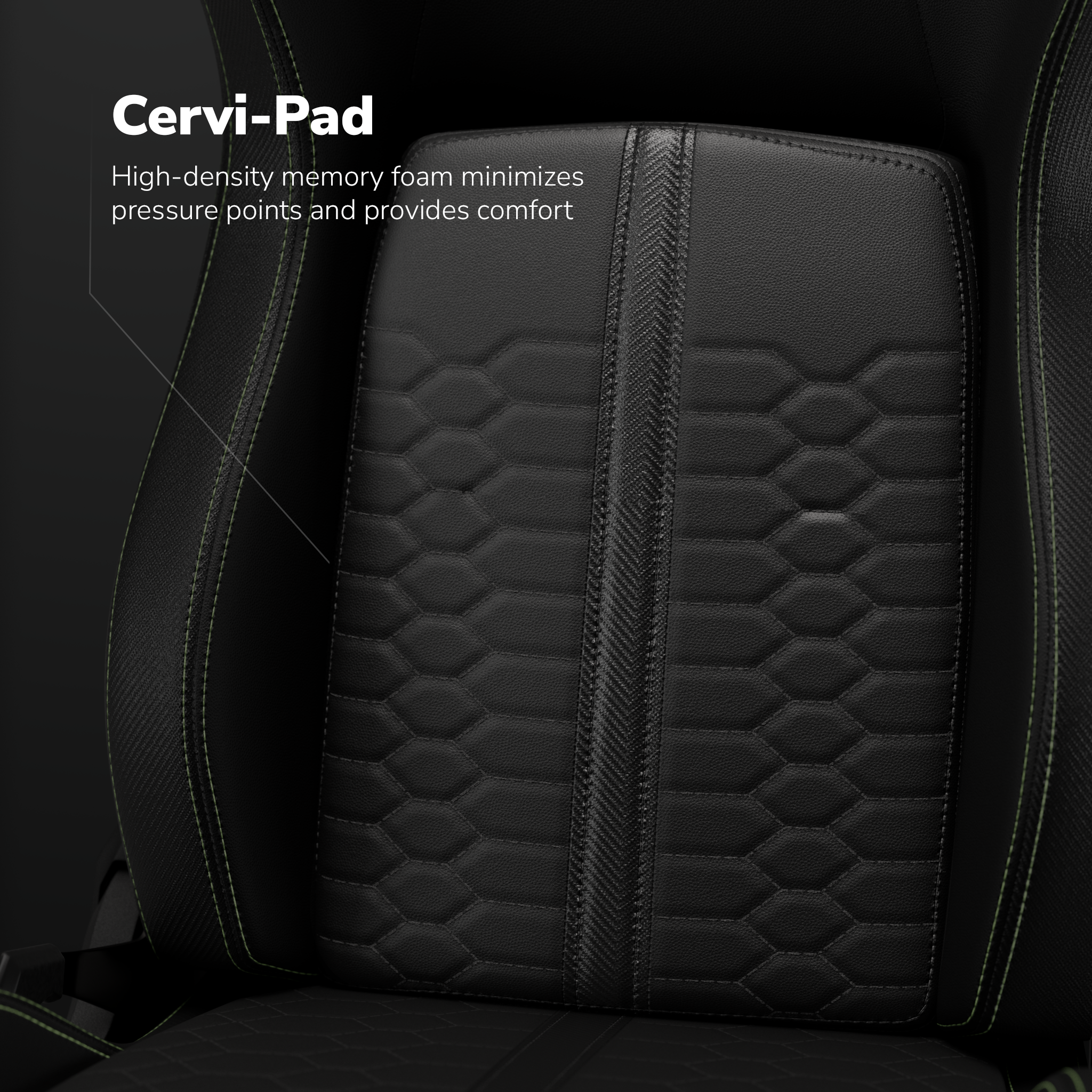 Dossier de chaise Cervi-Pad noir avec coutures vertes. Le centre a une bande texturée, la surface un motif hexagonal.