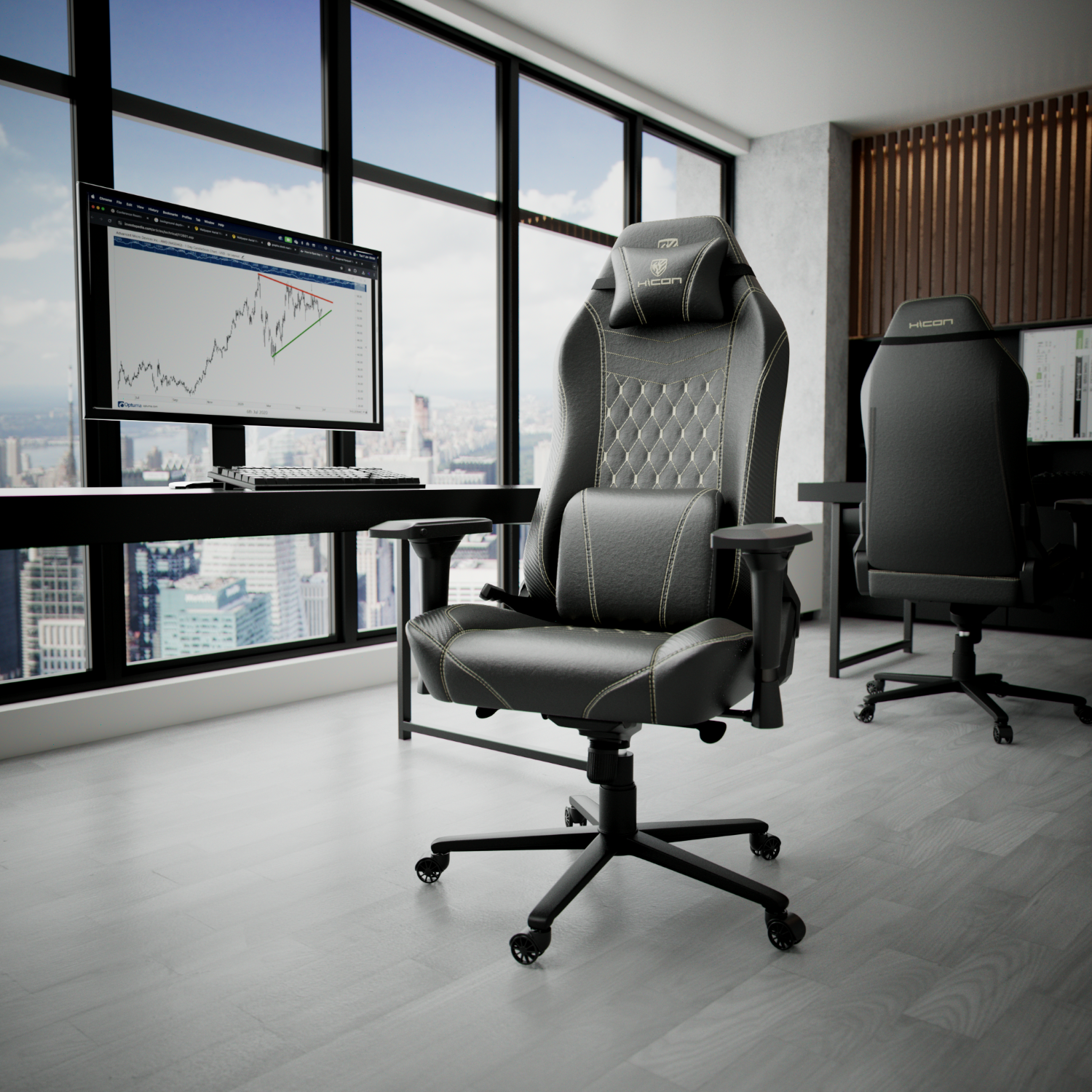 Un bureau moderne avec une chaise de jeu noire. Un moniteur d'ordinateur affiche un graphique boursier. Vue sur la ville par la fenêtre.