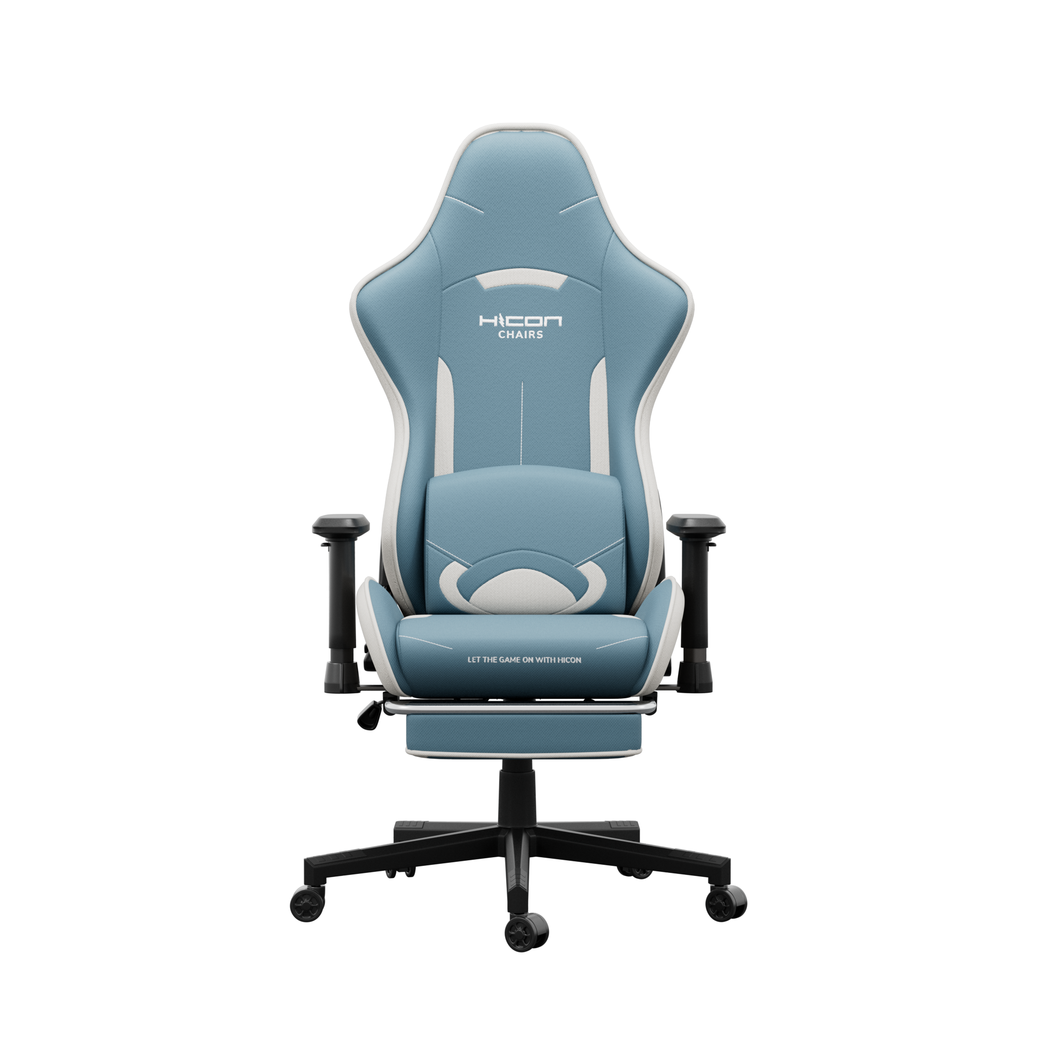 Een blauw-witte gamestoel met de tekst HICON CHAIRS op de rugleuning, tegen een zwarte achtergrond.