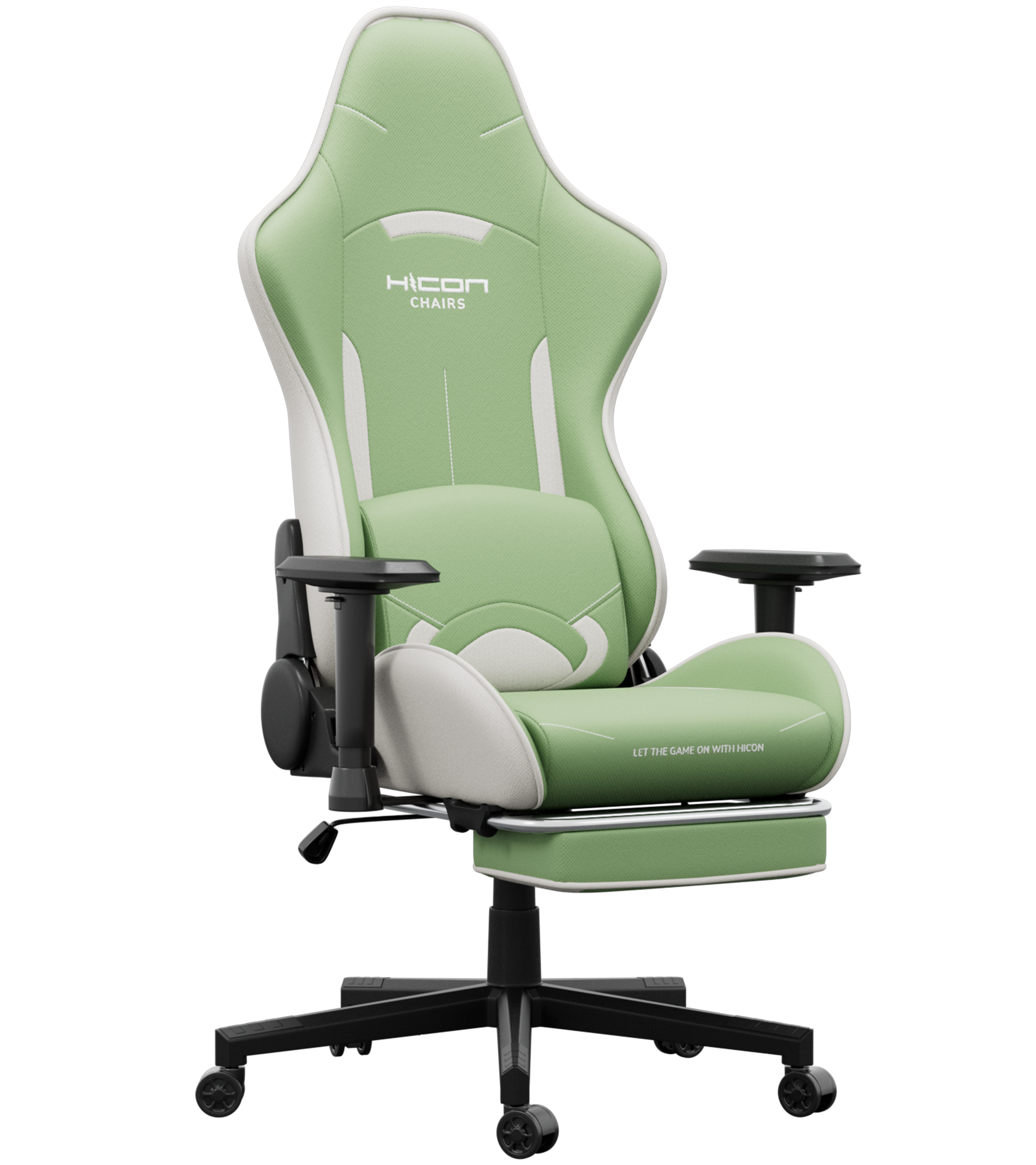 Een groene en witte gaming stoel. Het heeft een hoge rugleuning, armleuningen en een voetensteun. De stoel staat op een zwart onderstel.
