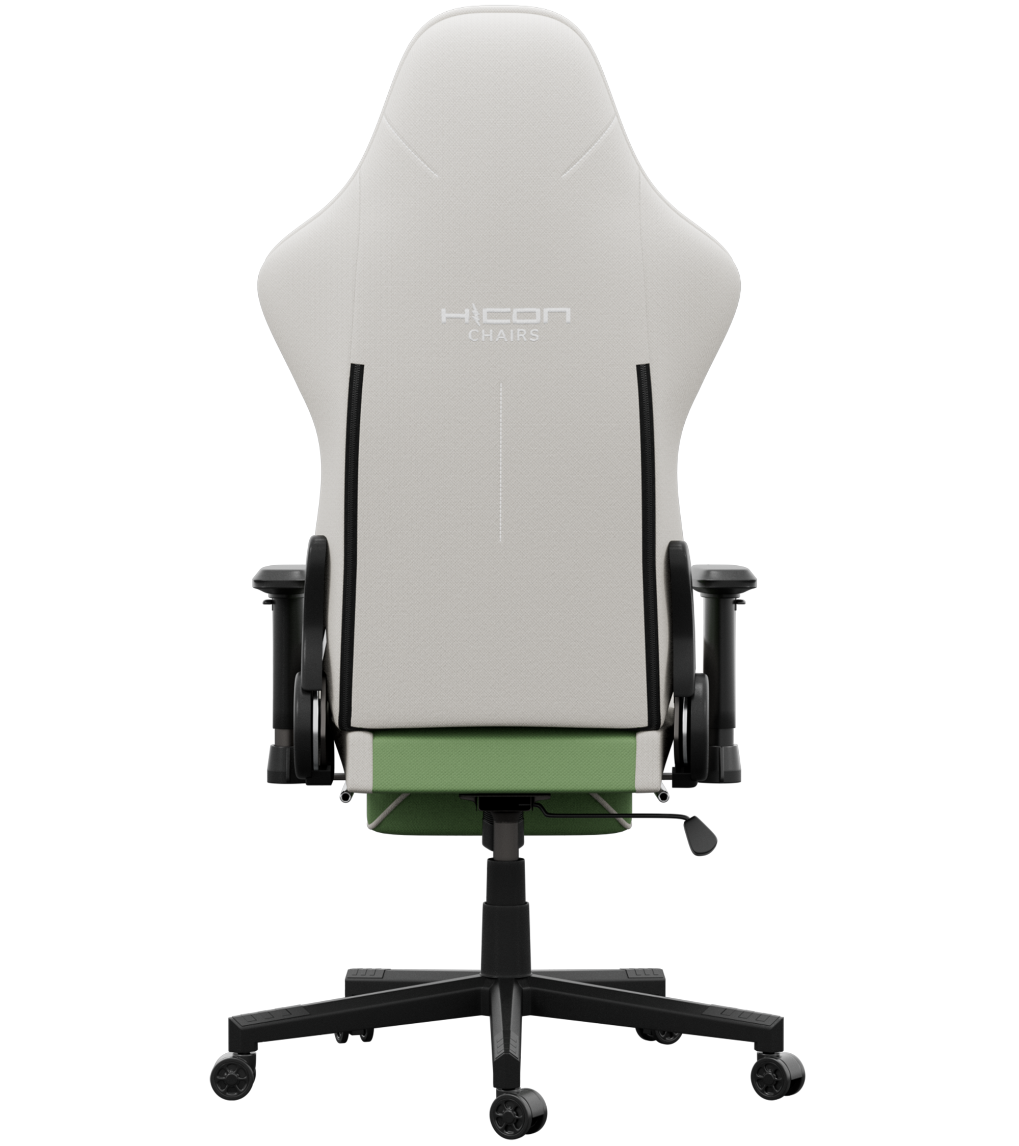 Gaming stoel, witte rugleuning met zwarte zijkanten, groene zitting. Zwarte basis met wielen.