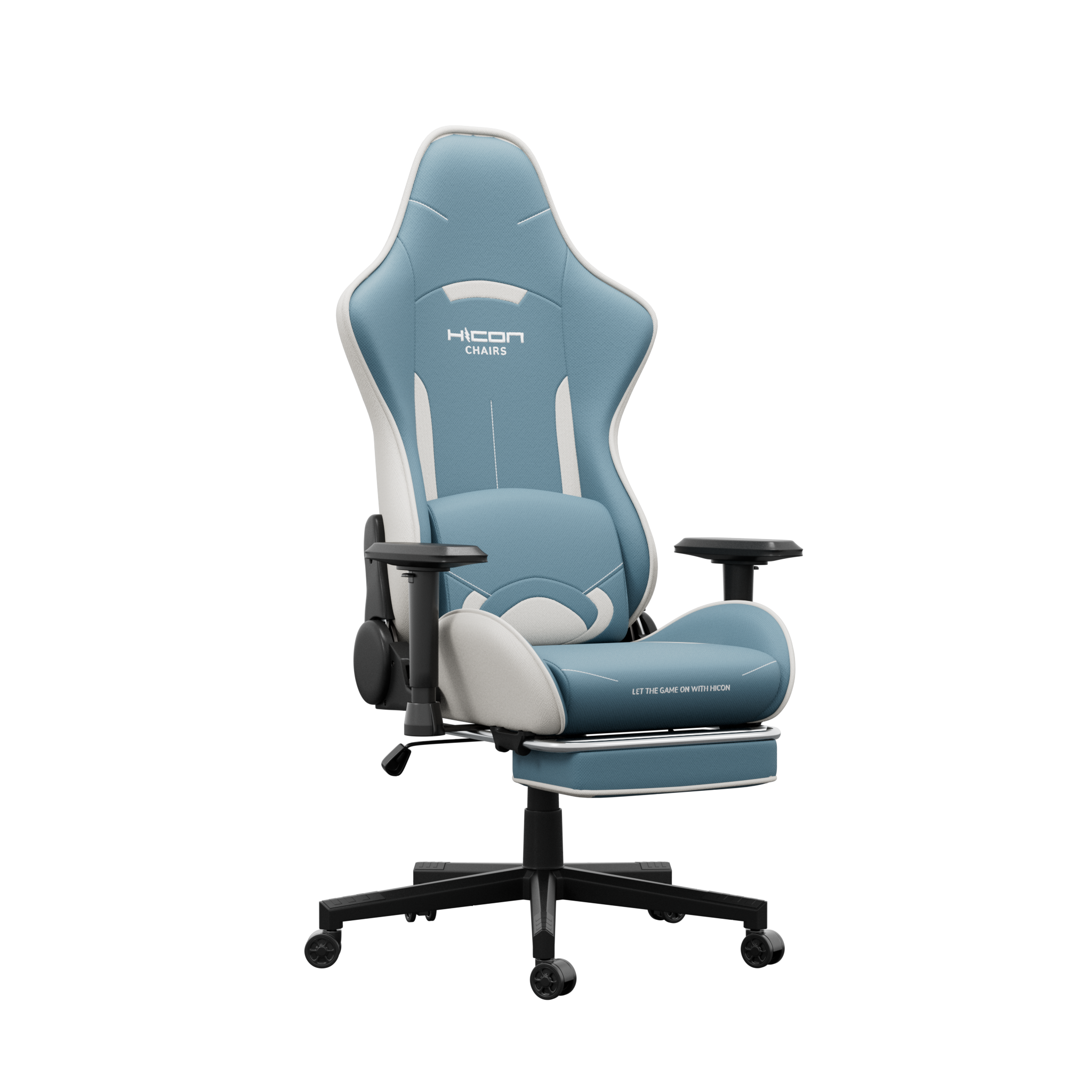 Een blauw-witte gamestoel op een zwarte achtergrond. De stoel heeft een hoofdsteun, rugleuning, armleuningen en een basis met wielen.
