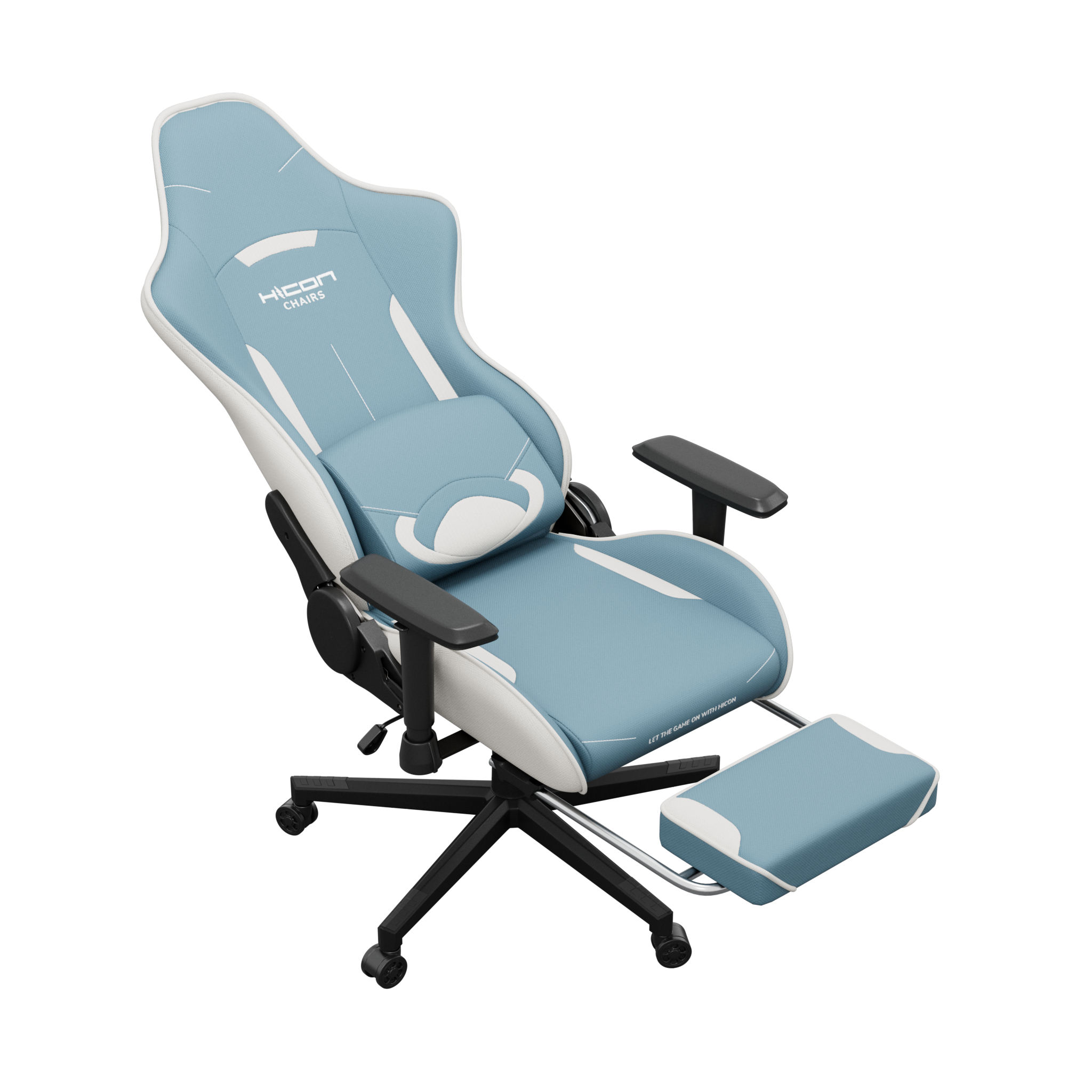 Een blauw-witte gamingstoel met voetensteun, zwarte armleuningen en zwarte basis op zwarte achtergrond.