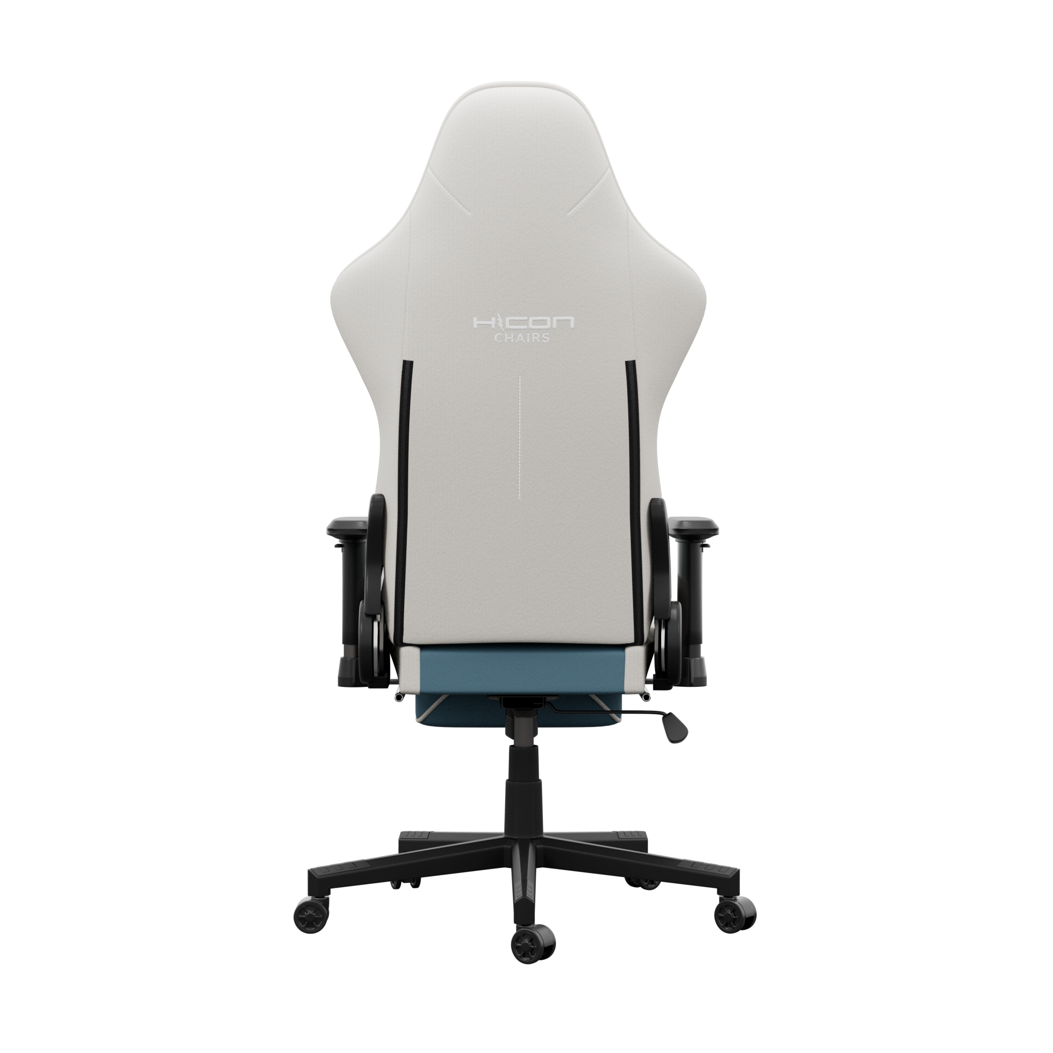 Achteraanzicht van een witte en zwarte gamestoel. De stoel heeft een logo en een turquoise basis.