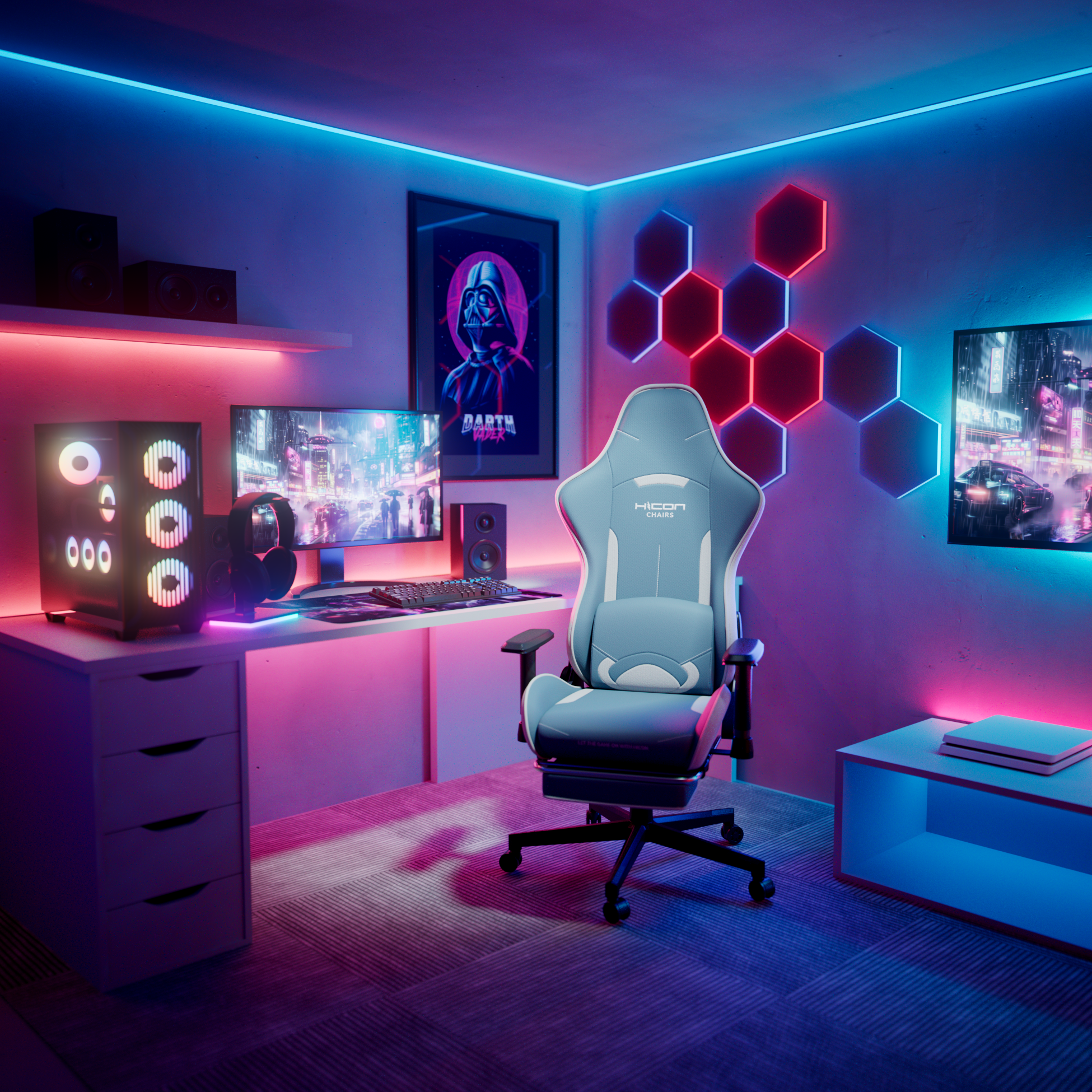 Gamekamer met blauwe stoel, computeropstelling, Darth Vader poster en neonverlichting. Inclusief bureau, lades en kunst.