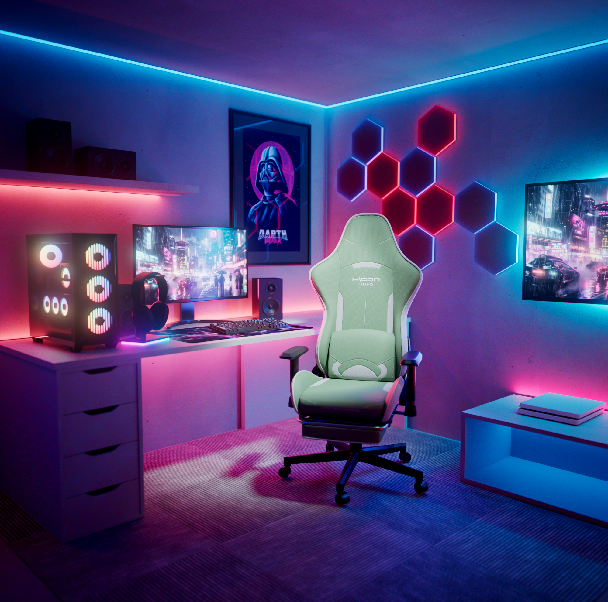 Gamingkamer met groene stoel, computer, monitor en Darth Vader-kunst. Neonlichten in blauw en rood. Modern en futuristisch.