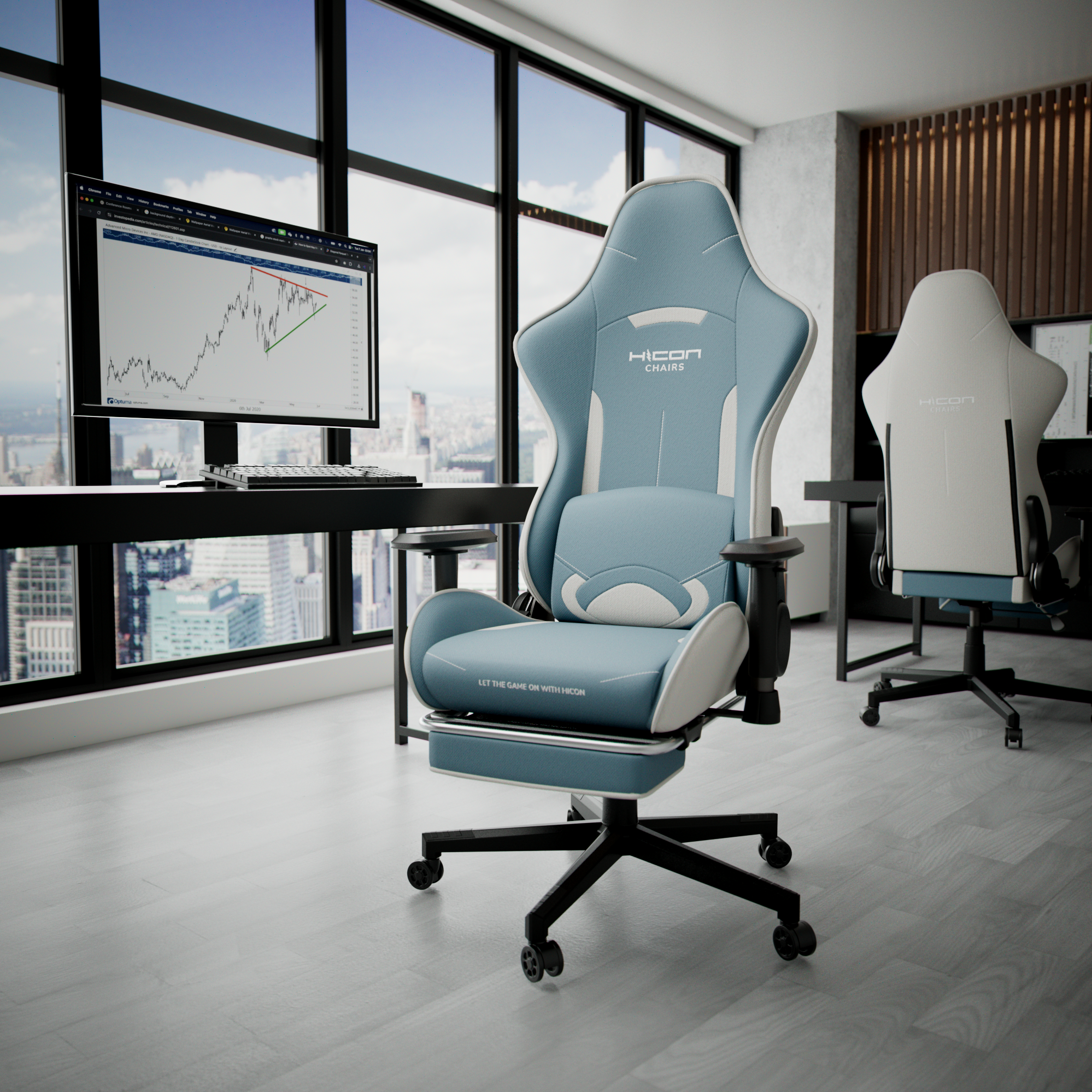 Een moderne kantoorruimte met een blauwe gamestoel, een bureau met monitor en uitzicht op de stad.