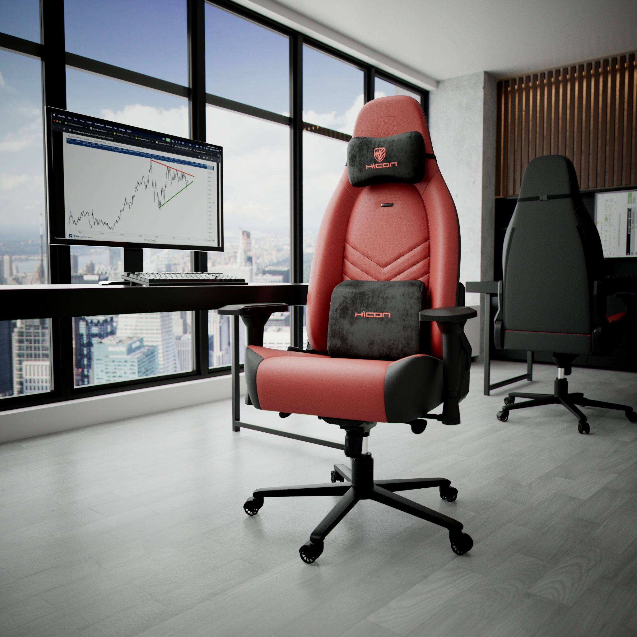 Chaise de jeu rouge et noire dans un bureau. Un moniteur affiche un graphique boursier. Vue sur la ville par la fenêtre.