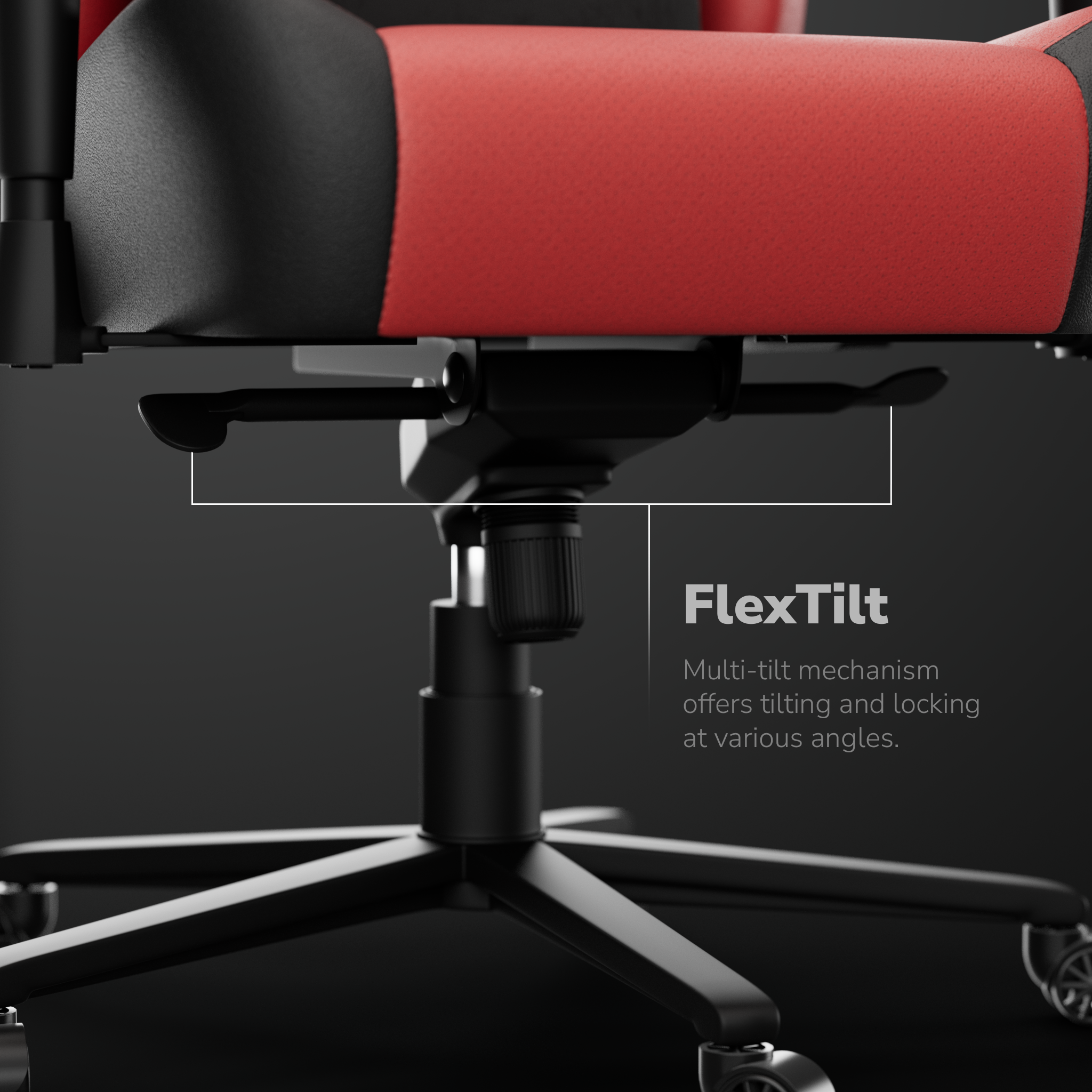 Close-up van een zwarte en rode gamingstoel. De stoel heeft een flex-tilt mechanisme.
