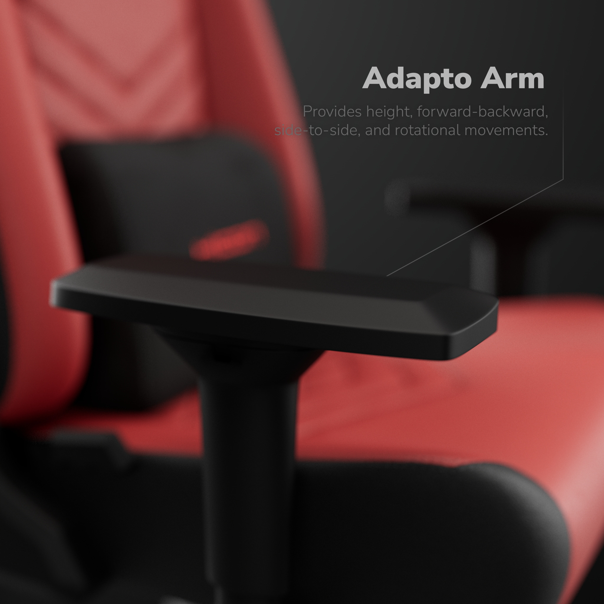 Gros plan sur un accoudoir noir. Dossier de chaise rouge en arrière-plan flou. Le texte dit Adapto Arm.