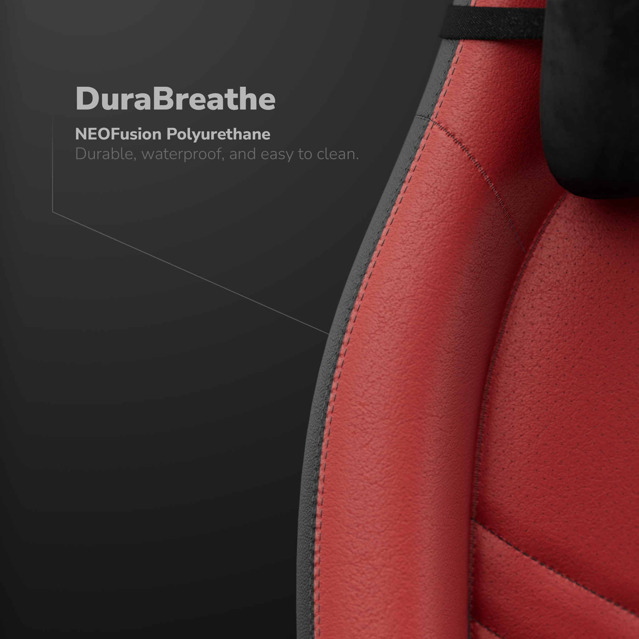 Gros plan sur une chaise rouge et noire. La chaise est en matériau perforé et possède un appuie-tête.