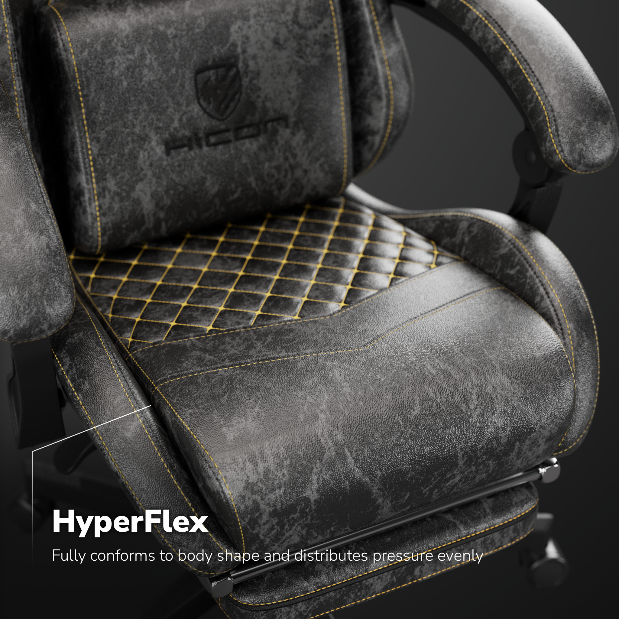 Zwarte gamingstoel met gele stiksels. Ruitpatroon op de zitting. De stoel heeft een logo en de tekst HyperFlex.