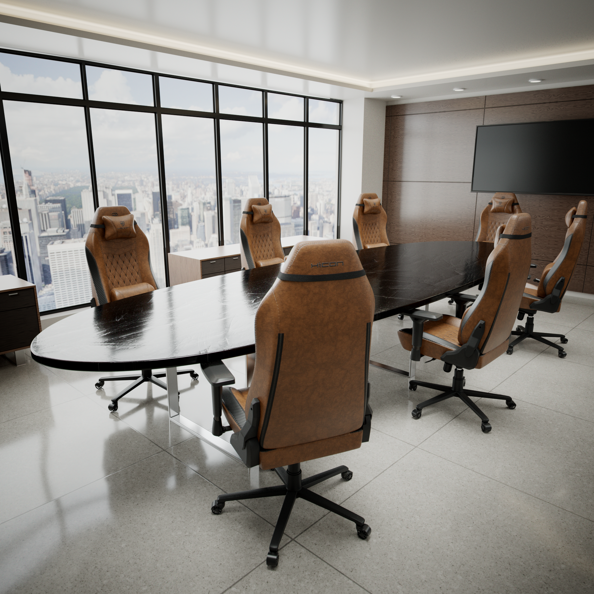 Une salle de réunion moderne avec une grande table ovale entourée de chaises en cuir marron, vue sur un paysage urbain.