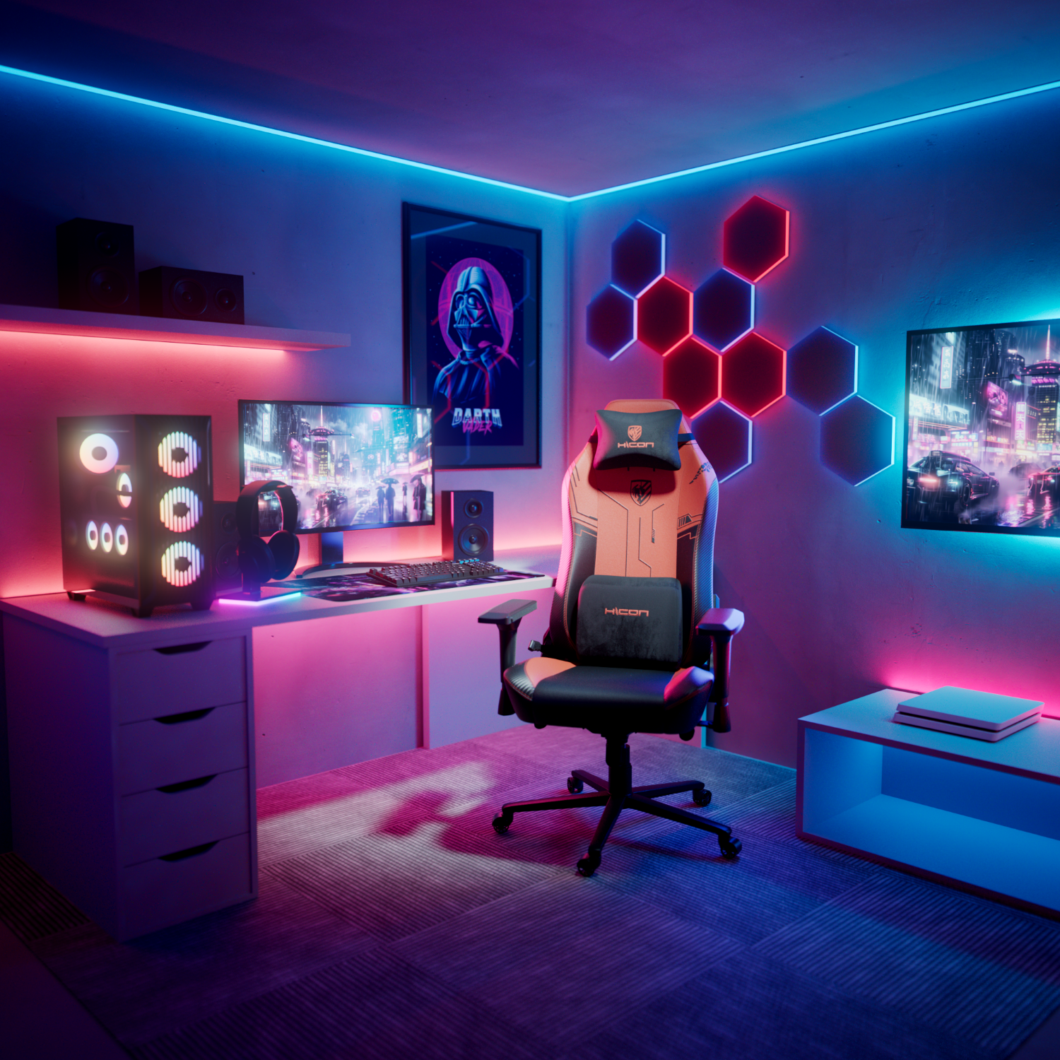 Salle de jeux avec une chaise, un ordinateur et des lumières. Une affiche de Dark Vador est accrochée au mur, avec des néons.