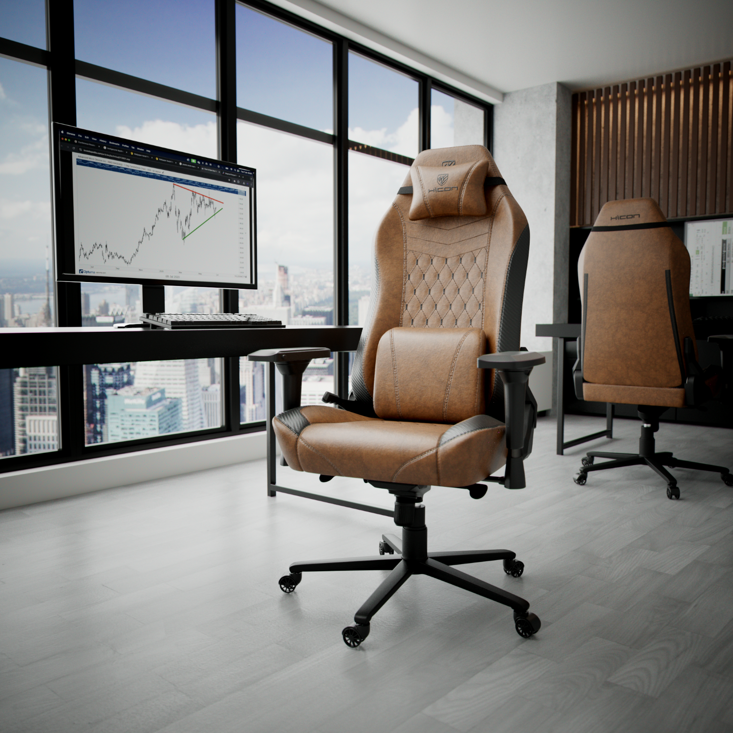 Scène de bureau avec chaise en cuir marron, ordinateur montrant un graphique et paysage urbain par de grandes fenêtres.