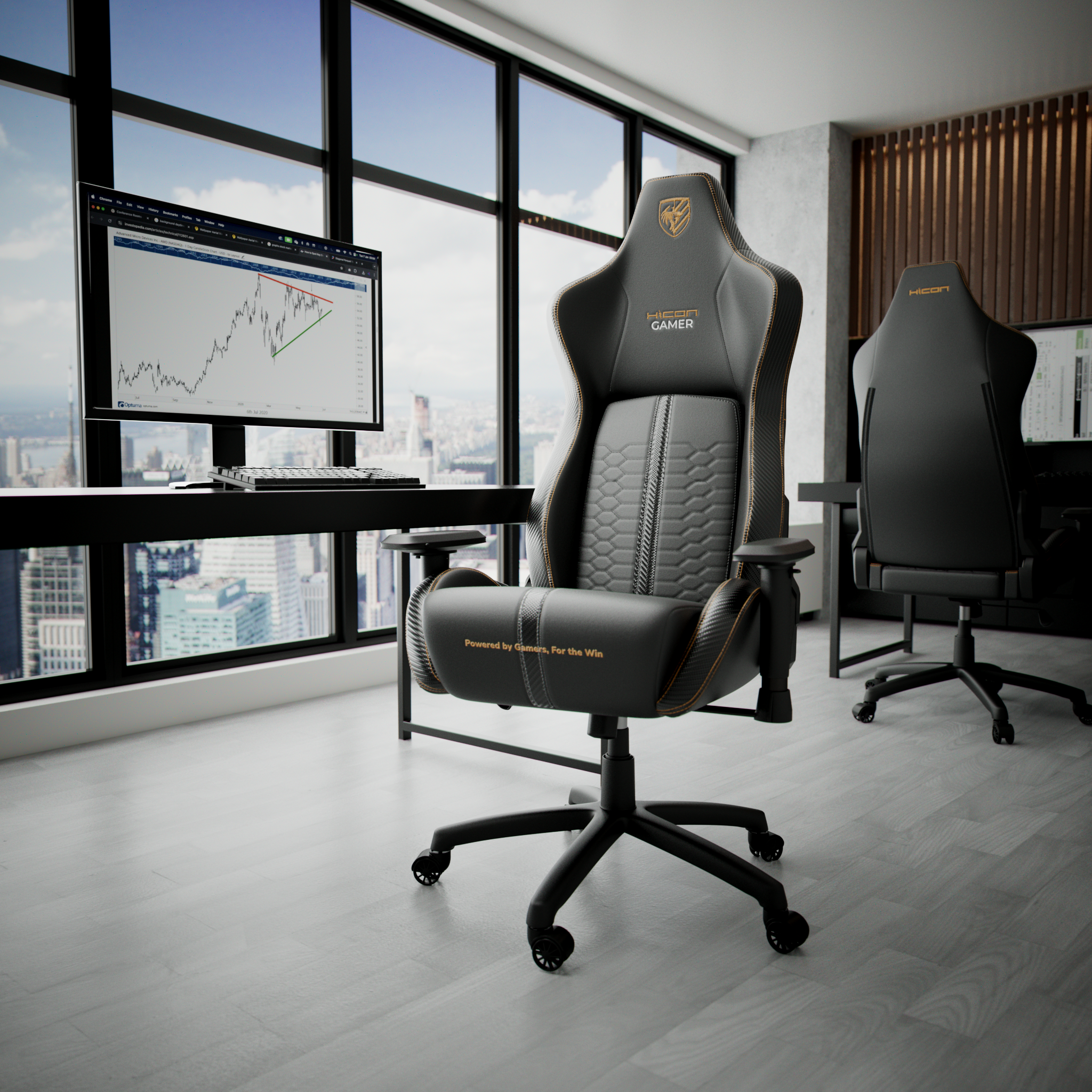Une chaise de jeu dans un cadre de bureau. Un moniteur affiche un graphique boursier. Les fenêtres révèlent un paysage urbain.