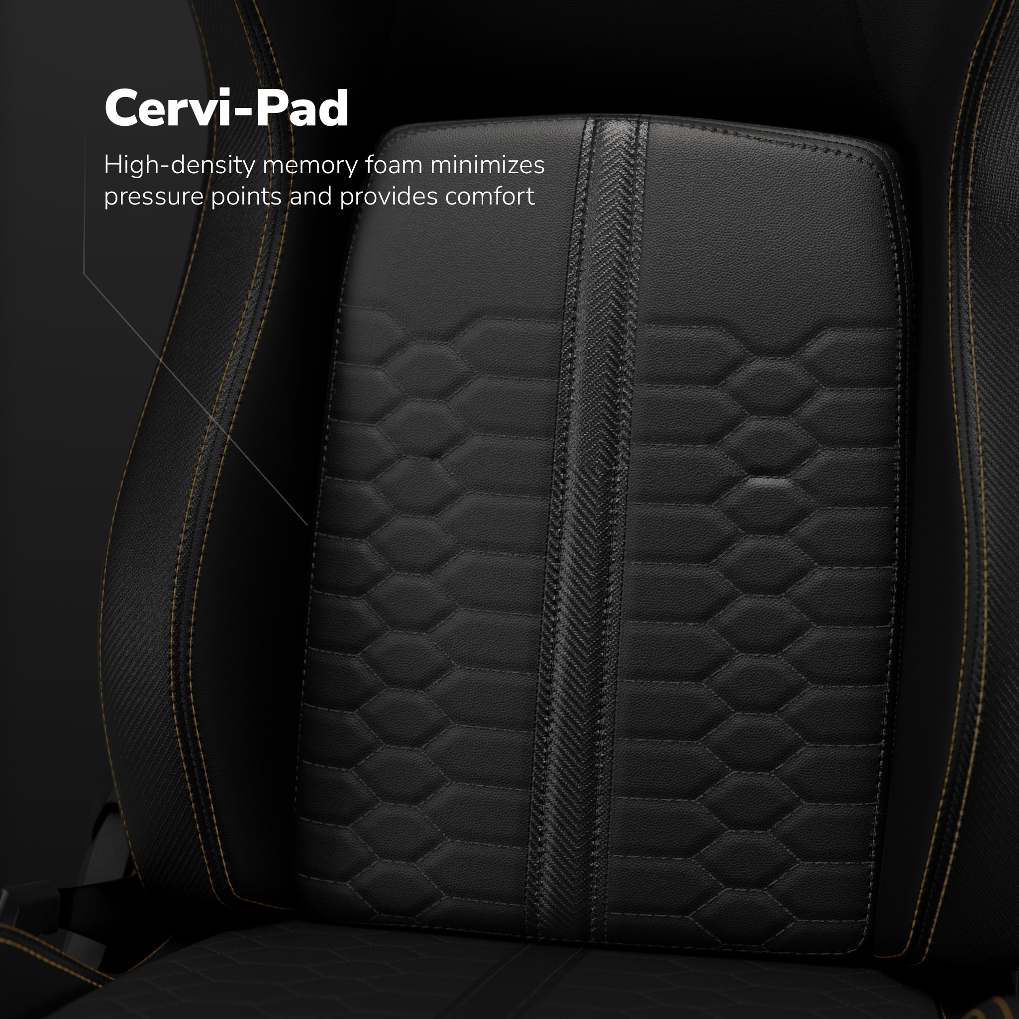 Gros plan sur le dossier noir de la chaise Cervi-Pad avec motif matelassé et coutures jaunes. Le centre a une bande texturée.
