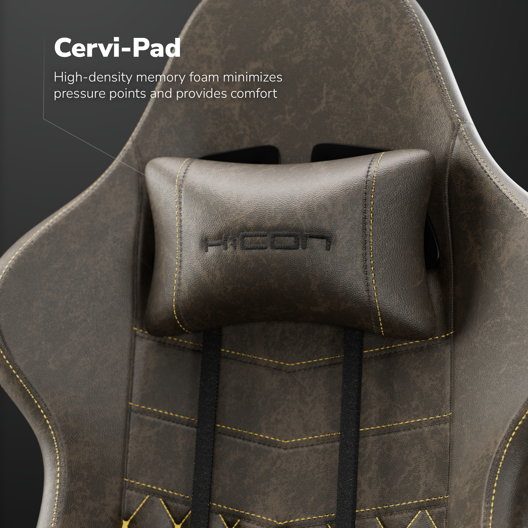 Gros plan sur l'appuie-tête marron d'une chaise Cervi-Pad avec coutures jaunes et le logo HICON.