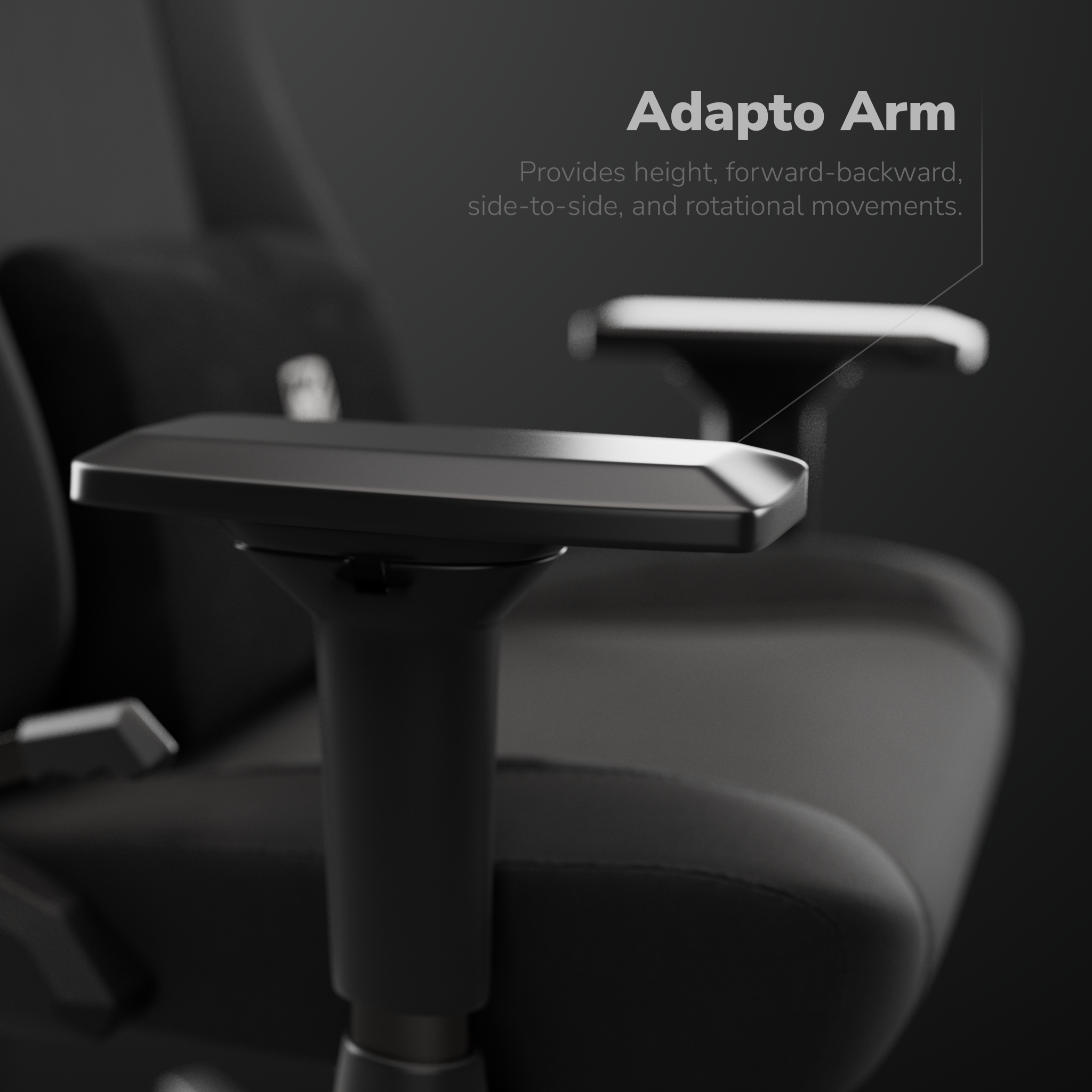 Close-up van een zwarte armleuning. Tekstoverlay: Adapto Arm. Biedt hoogte, voor-achter, zijwaarts en roterende bewegingen.