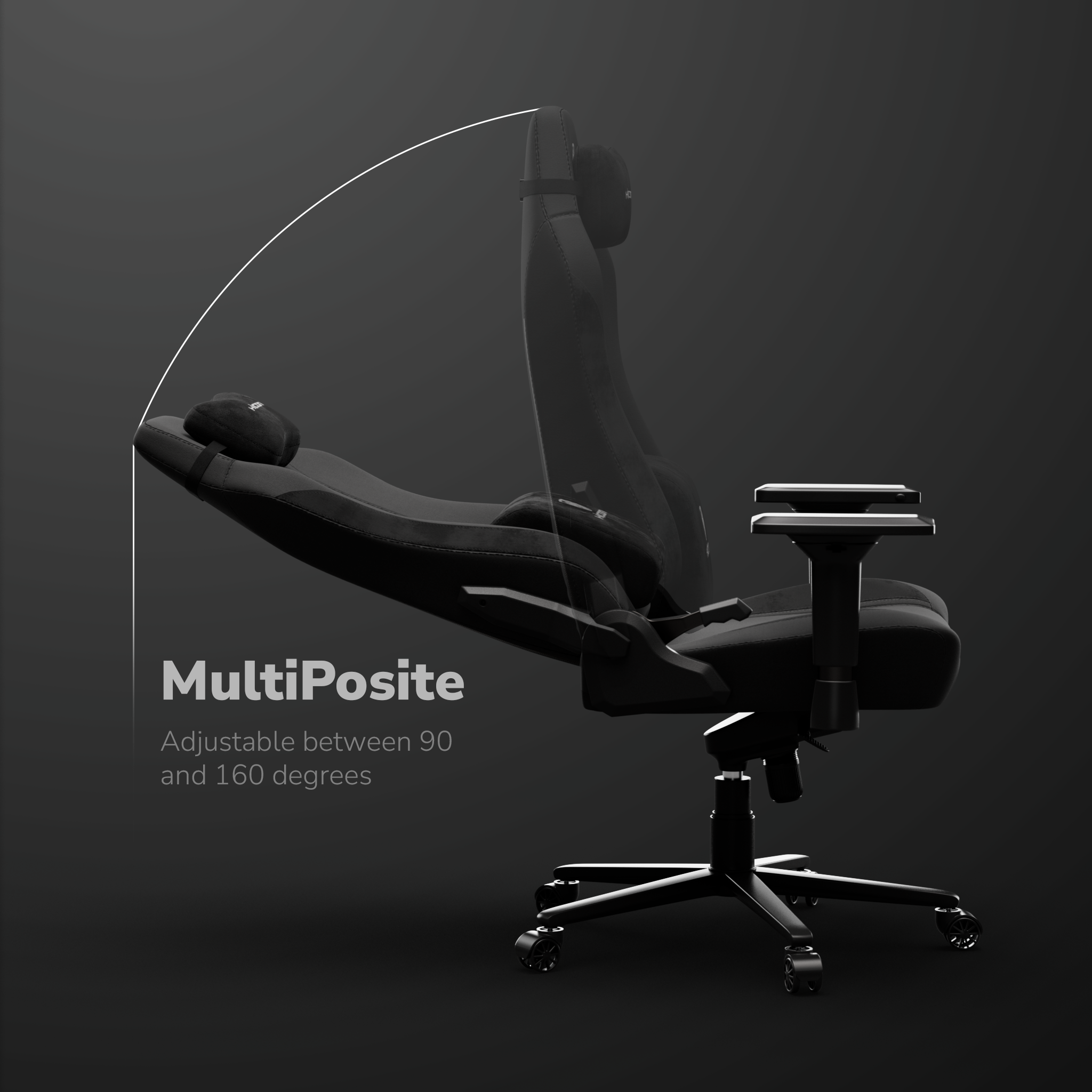Chaise de jeu noire avec dossier réglable. Réglable entre 90 et 160 degrés. Fond gris foncé.