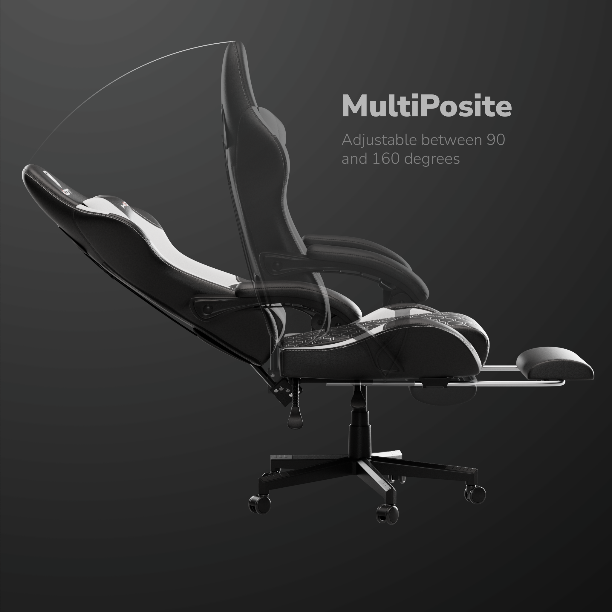 Sedia da gaming nera e bianca con schienale regolabile. Testo: MultiPosite. Regolabile tra 90 e 160 gradi.