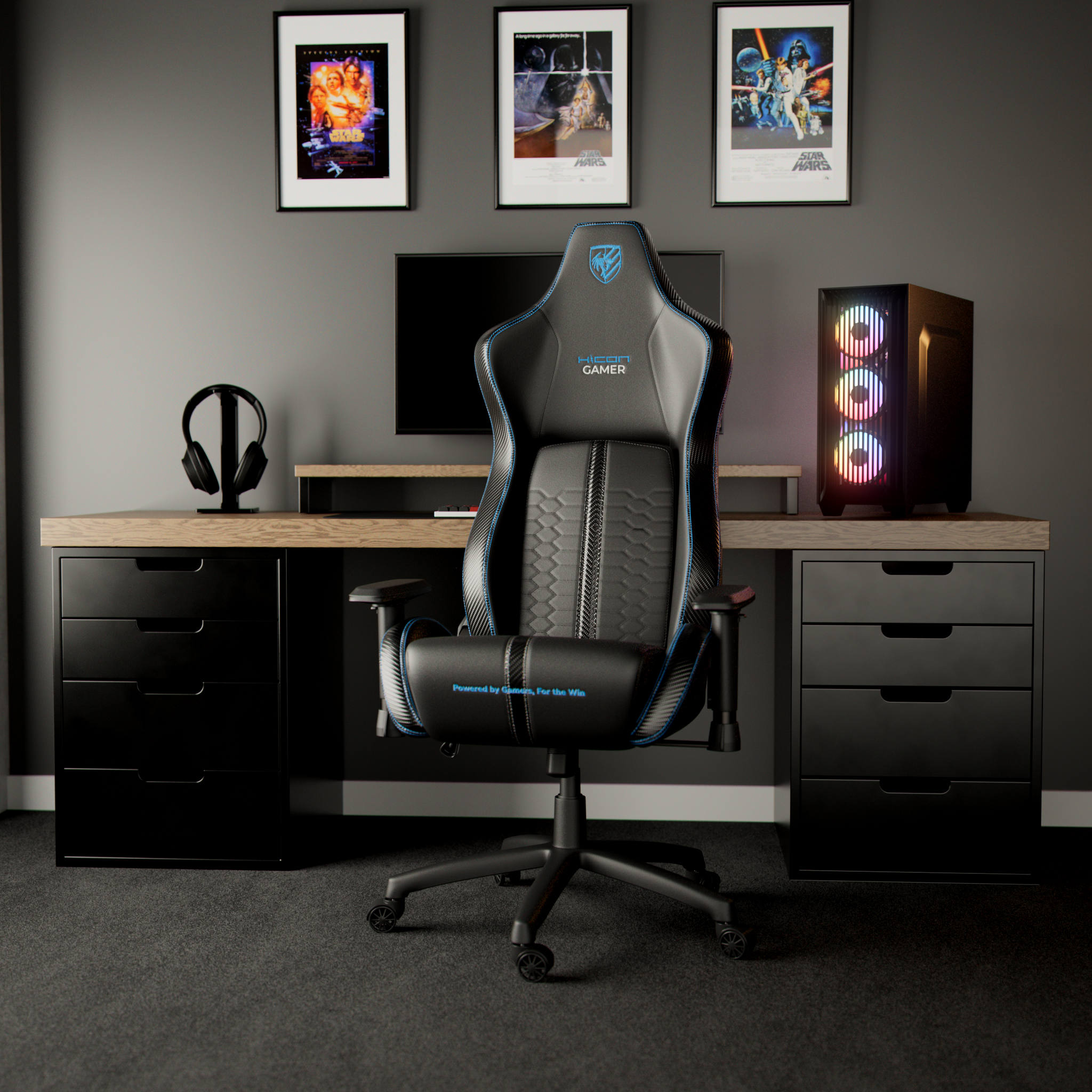Configuration de jeu avec chaise, bureau, ordinateur, affiches. Palette de couleurs noir et bleu. Affiches Star Wars.