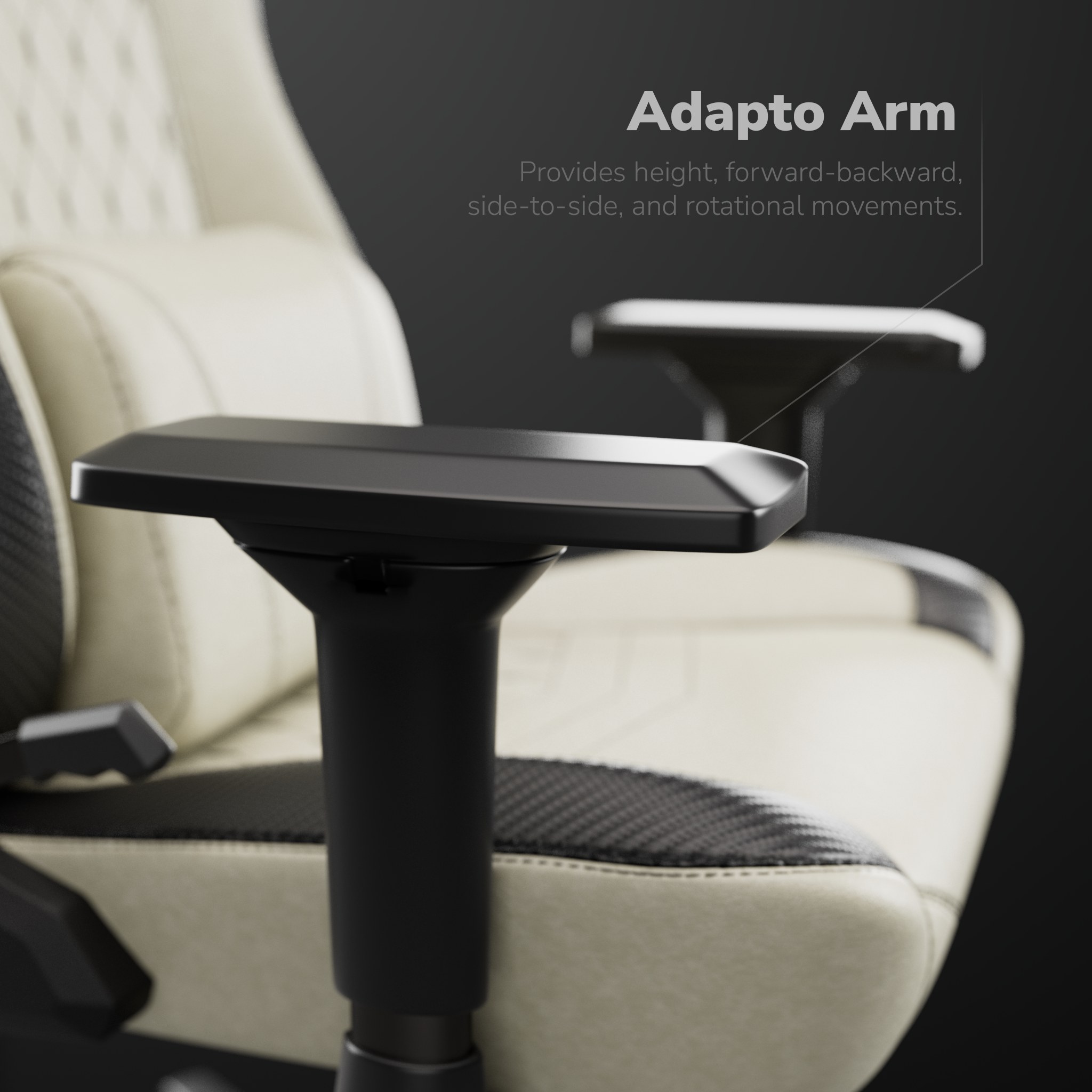 Gros plan sur un accoudoir noir. Texte : 'Adapto Arm' avec détails de mouvement. Dossier beige en arrière-plan.